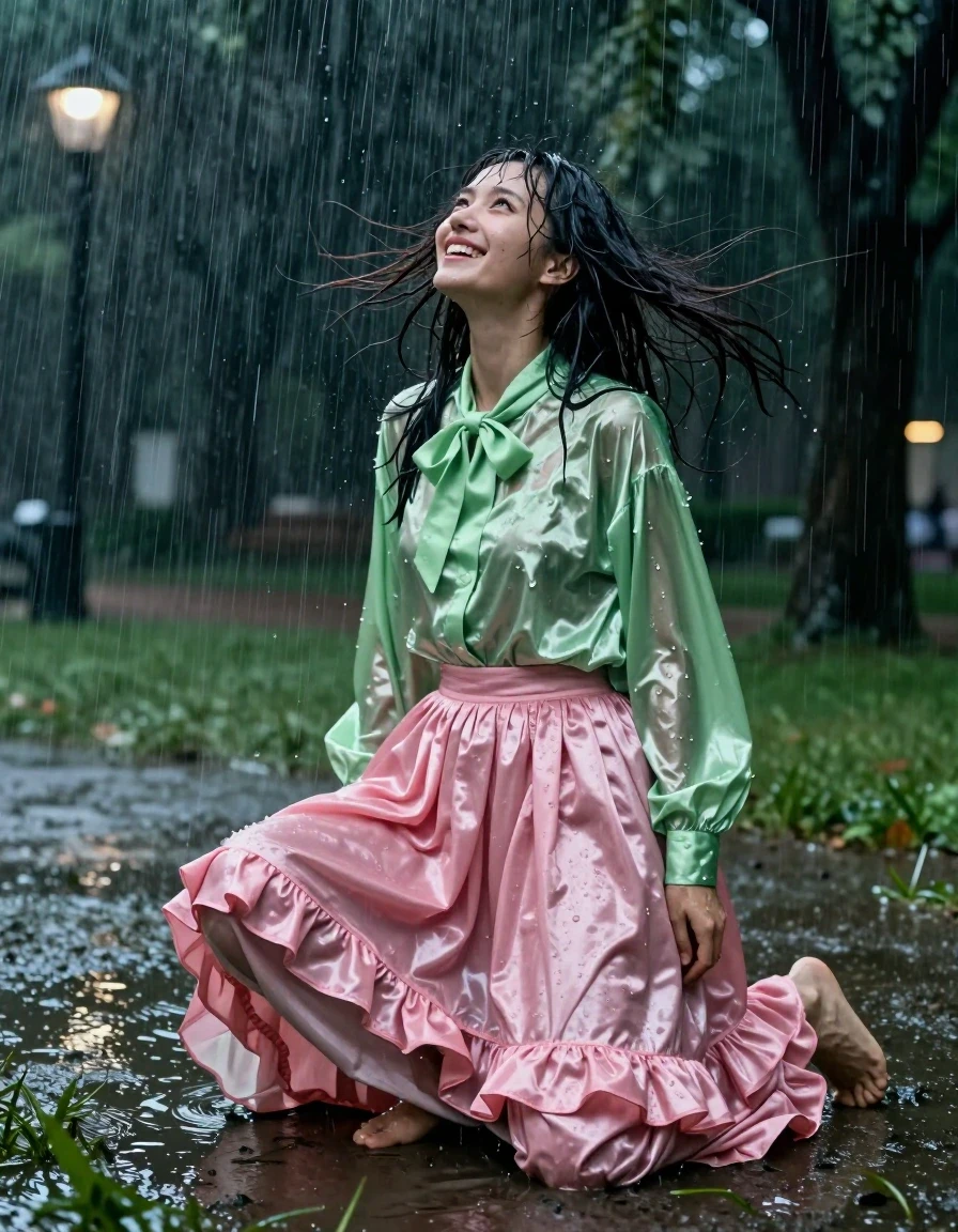 A photorealistic cinematic shot of a young adult European woman with a nerdy appearance, caught in a torrential night storm in an empty park. She is on her knees on the wet grass, looking up with an expression of pure joy as she enjoys the heavy rain. She is wearing a vivid light green satin long-sleeved oversized shirt with a bowtie, and a voluminous pink silk floor-length skirt layered over multiple petticoats. Every garment is visibly soaked, clinging to her form with heavy folds, darker saturated colors, and a distinct water sheen. Her bare feet are pressed into the muddy, rain-slicked earth. The scene is defined by huge winds whipping her wet hair and clothes. Lighting is provided by dim, atmospheric ambient park lights reflecting off the water-slicked surfaces and heavy rain curtains. Shot with a sharp focus on textures, emphasizing the wetness of the satin and silk fabrics, the clinging layers of the petticoats, and the realistic droplets on her skin. High-speed photography, hyper-detailed, 8k resolution, cinematic lighting.