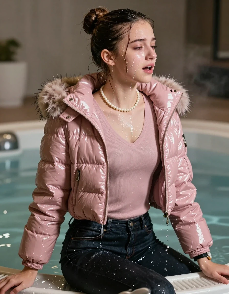 photo of young woman, in soaking wet, drenched clothes,
, Dark skinny jeans, Light pink Moncler shiny puffer down jacket with fur, Open jacket, tight v-neck sweater, shoulderbag, pearl necklace, bracelet, wristwatch, Steaming indoor jacuzzi , 
enjoying, wet clothes stuck to body,
detailed textures of the wet clothes, wet face, wet plastered hair,
wet, drenched, professional, high-quality details, full body view.
sharp focus, ultra-high pixel detail, realistic, high-quality, full colors, incredibly detailed, 4k, 8k, 16k, hyper-realistic, RAW photo, masterpiece, ultra-detailed, professionally color graded, professional photograph, A realistic vertical fashion photograph taken from a backward, behind-the-back angle of a 15-year-old teenage girl sitting in a steaming indoor jacuzzi, facing away from the camera to show her back. She is tilting her head at camera, letting the water drench her hair so it is glued flat against her head and body. She has a sleek bun , completely saturated and dripping wet hair, with water cascading down her face and neck, crying and astonished expression. open mouth, half closed eyes. The lighting is bright and cinematic, highlighting the glistening water droplets on her skin and the saturated texture of her  casual clothes.  half closed eyes. 
her clothing is soaking wet and clinging tightly to her skin, showing heavy wet folds, darkened fabric texture, and deep water-saturated Patches, her clothes are heavy from the water, water runs from her body and her clothes in streams. A lot of water also runs out of her clothes. Her clothes are darkened by the water. 
hyper-realistic wetness, high-contrast water sheen, sharp focus, 16k resolution, professional photography, realistic water physics., wet skin, wet clothes, damp fabric, wet skin, wet clothes, damp fabric, wet skin, wet clothes, damp fabric, wet skin, wet clothes, damp fabric, wet skin, wet clothes, damp fabric, wet skin, wet clothes, damp fabric, wet skin, wet clothes, damp fabric, wet skin, wet clothes, damp fabric, wet skin, wet clothes, damp fabric, wet skin, wet clothes, damp fabric, wet skin, wet clothes, damp fabric, wet skin, wet clothes, damp fabric, wet skin, wet clothes, damp fabric