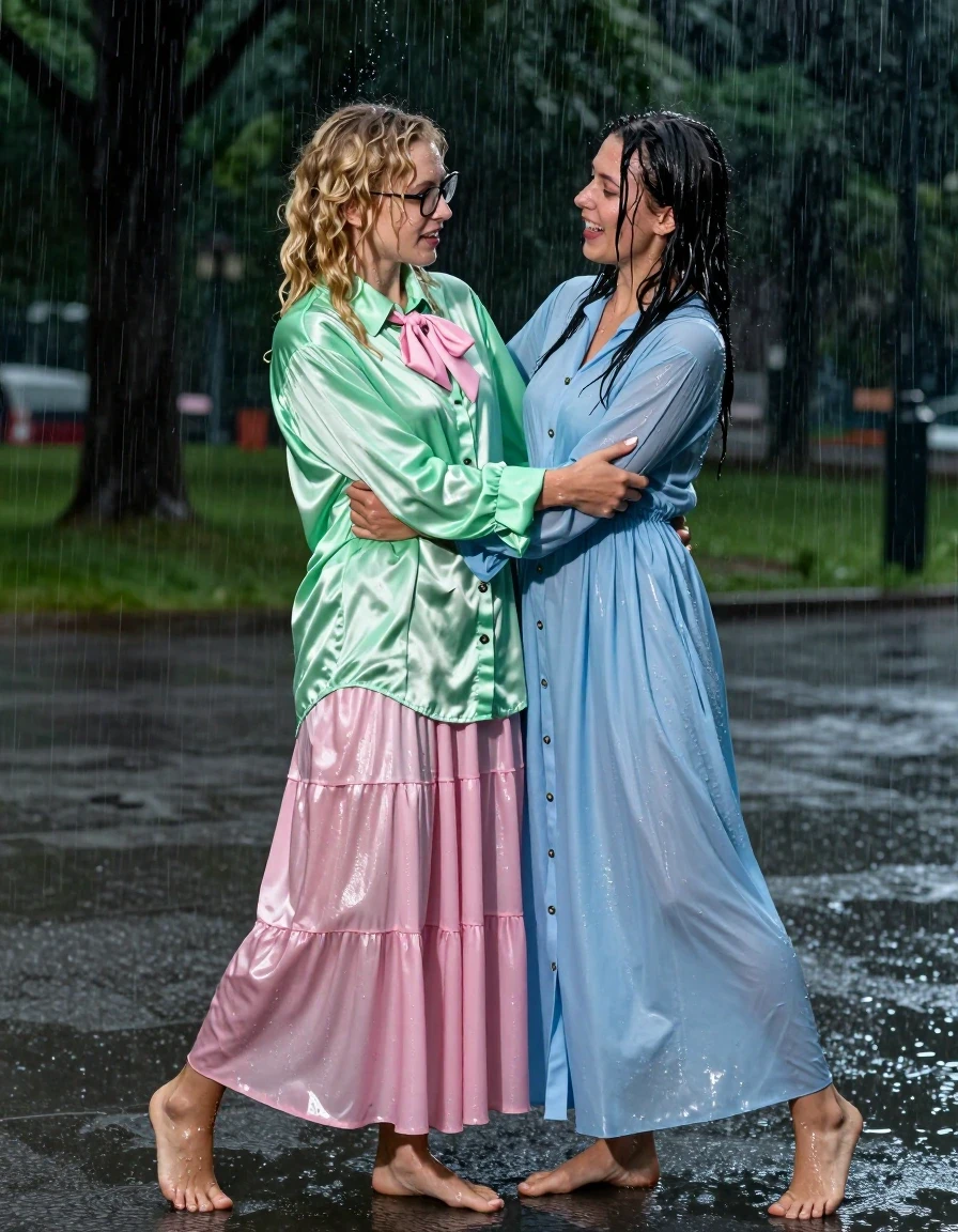 photo of young woman, in soaking wet, drenched clothes,
barefeet, pink silk floor length skirt, multiple petticoats, vivid light green satin long sleeved oversized shirt, pink bowtie, in an empty park during torrential rain at night, 
enjoying, wet clothes stuck to body,
detailed textures of the wet clothes, wet face, wet plastered hair,
wet, drenched, professional, high-quality details, full body view.
sharp focus, ultra-high pixel detail, realistic, high-quality, full colors, incredibly detailed, 4k, 8k, 16k, hyper-realistic, RAW photo, masterpiece, ultra-detailed, professionally color graded, professional photograph, 2 lesbians: 1st woman is blonde with curly hair and wears glasses, the other brunette woman is wearing light blue long-sleeved buttoned-down maxi dress, wrestling with each other, wet skin, wet clothes, damp fabric, wet skin, wet clothes, damp fabric