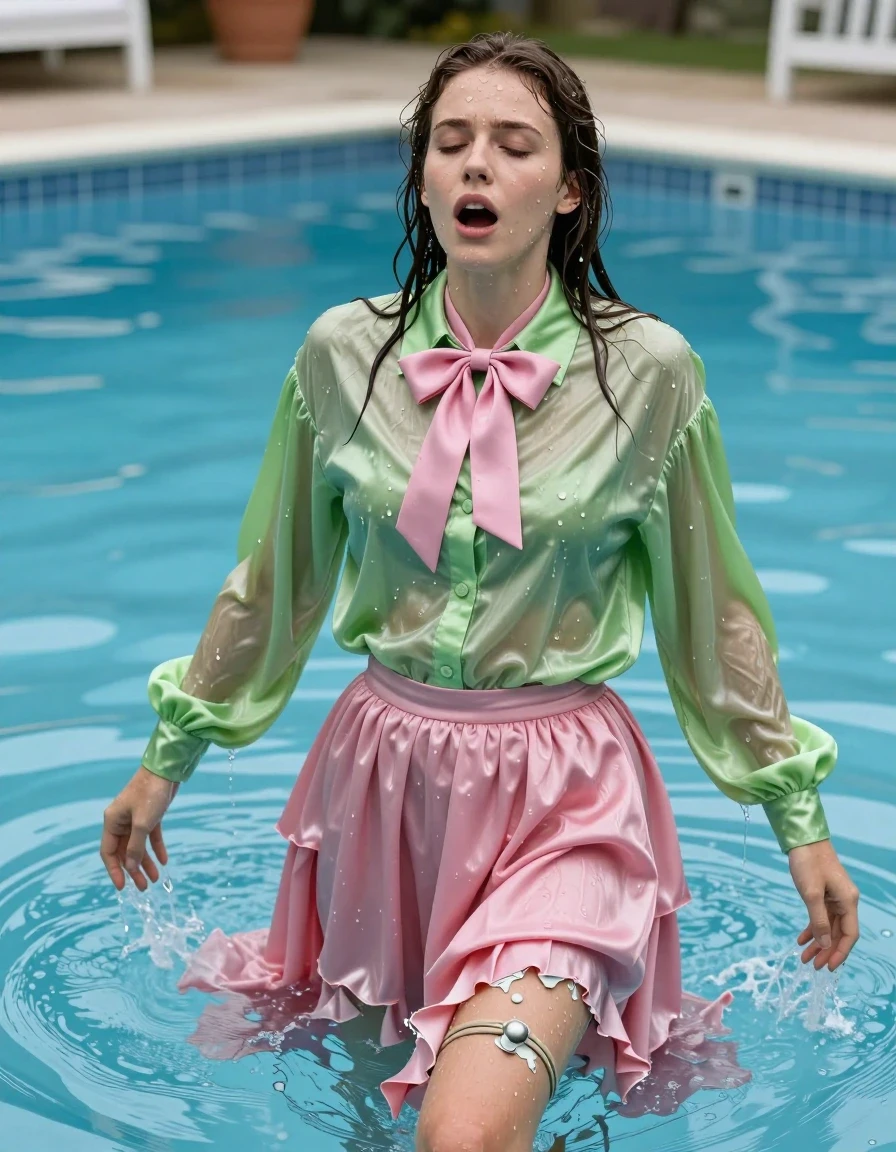 photo of young woman, in soaking wet, drenched clothes,
ruined sandals, pink silk floor length skirt, multiple petticoats, pink bowtie, vivid light green satin long sleeved oversized shirt, emerging from an empty pool gasping for air,, 
enjoying, wet clothes stuck to body,
detailed textures of the wet clothes, wet face, wet plastered hair,
wet, drenched, professional, high-quality details, full body view.
sharp focus, ultra-high pixel detail, realistic, high-quality, full colors, incredibly detailed, 4k, 8k, 16k, hyper-realistic, RAW photo, masterpiece, ultra-detailed, professionally color graded, professional photograph, nerdy, exhausted, disheveled, enjoying it, wet skin, wet clothes, damp fabric