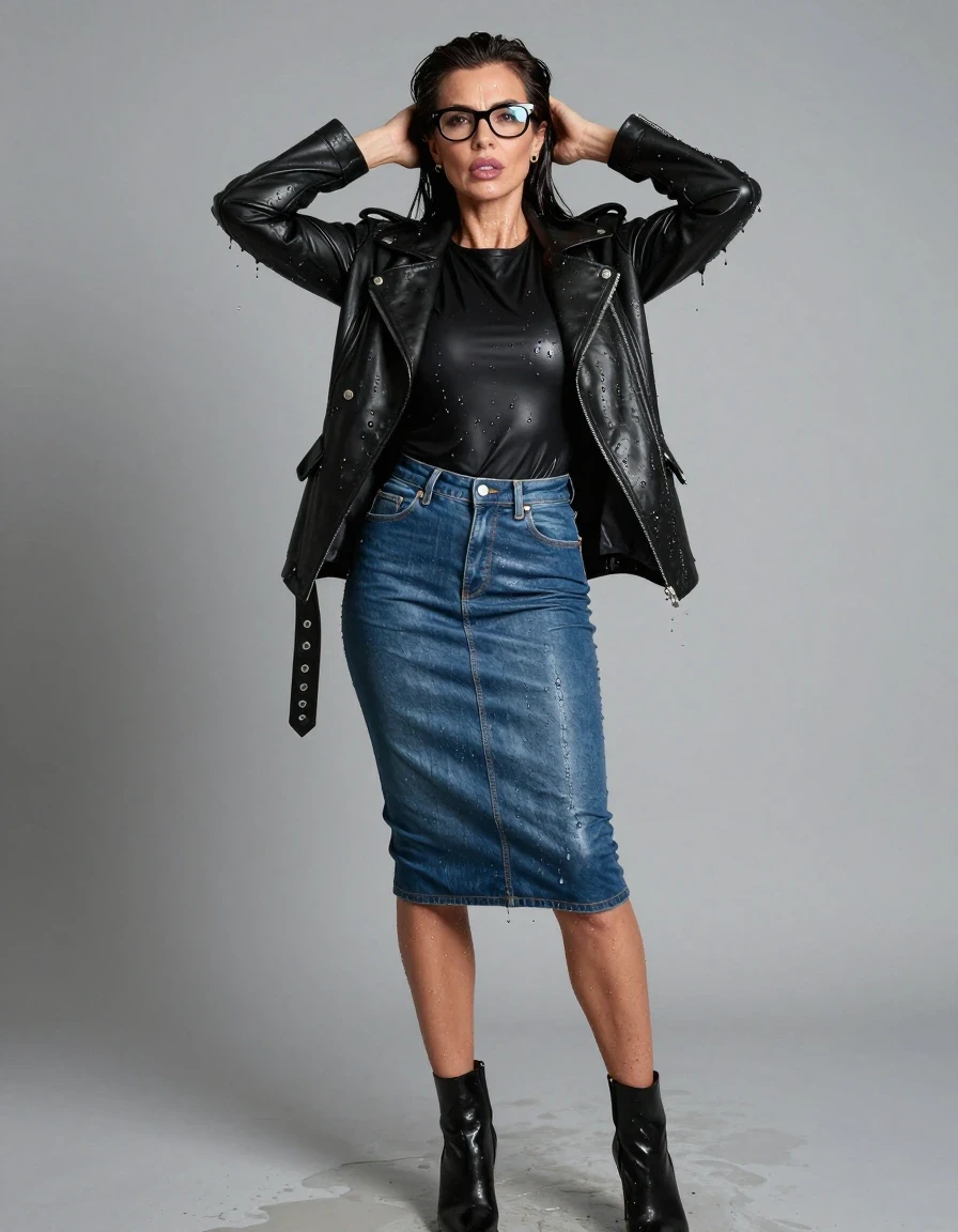 photo of young woman, in soaking wet, drenched clothes,
high heels black boots, long blue tight leather denim skirt, long black tight leather t-shirt, maxi black leather byker jacket, after shower, enjoying wet clothes stuck body, enjoying, wet clothes stuck to body, 
enjoying, wet clothes stuck to body,
detailed textures of the wet clothes, wet face, wet plastered hair,
wet, drenched, professional, high-quality details, full body view.
sharp focus, ultra-high pixel detail, realistic, high-quality, full colors, incredibly detailed, 4k, 8k, 16k, hyper-realistic, RAW photo, masterpiece, ultra-detailed, professionally color graded, professional photograph, europen brunette skinny woman 50 years old, long dark black hair, office glasses, very big and thick lips, complete body, wet skin, wet clothes, damp fabric, wet skin, wet clothes, damp fabric, wet skin, wet clothes, damp fabric, wet skin, wet clothes, damp fabric, wet skin, wet clothes, damp fabric, wet skin, wet clothes, damp fabric, wet skin, wet clothes, damp fabric