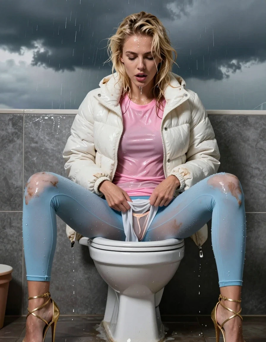 photo of young woman, in soaking wet, drenched clothes,
Strappy gold stilettos, Dirty pale blue leggings , Very muddy white puffer jacket , shiny pink t-shirt , On toilet, legs apart, peeing in clothes , having a dump in her panties, 
enjoying, wet clothes stuck to body,
detailed textures of the wet clothes, wet face, wet plastered hair,
wet, drenched, professional, high-quality details, full body view.
sharp focus, ultra-high pixel detail, realistic, high-quality, full colors, incredibly detailed, 4k, 8k, 16k, hyper-realistic, RAW photo, masterpiece, ultra-detailed, professionally color graded, professional photograph, Blonde, in thunder storm, wet skin, wet clothes, wet skin, wet clothes, damp fabric, wet skin, wet clothes, damp fabric