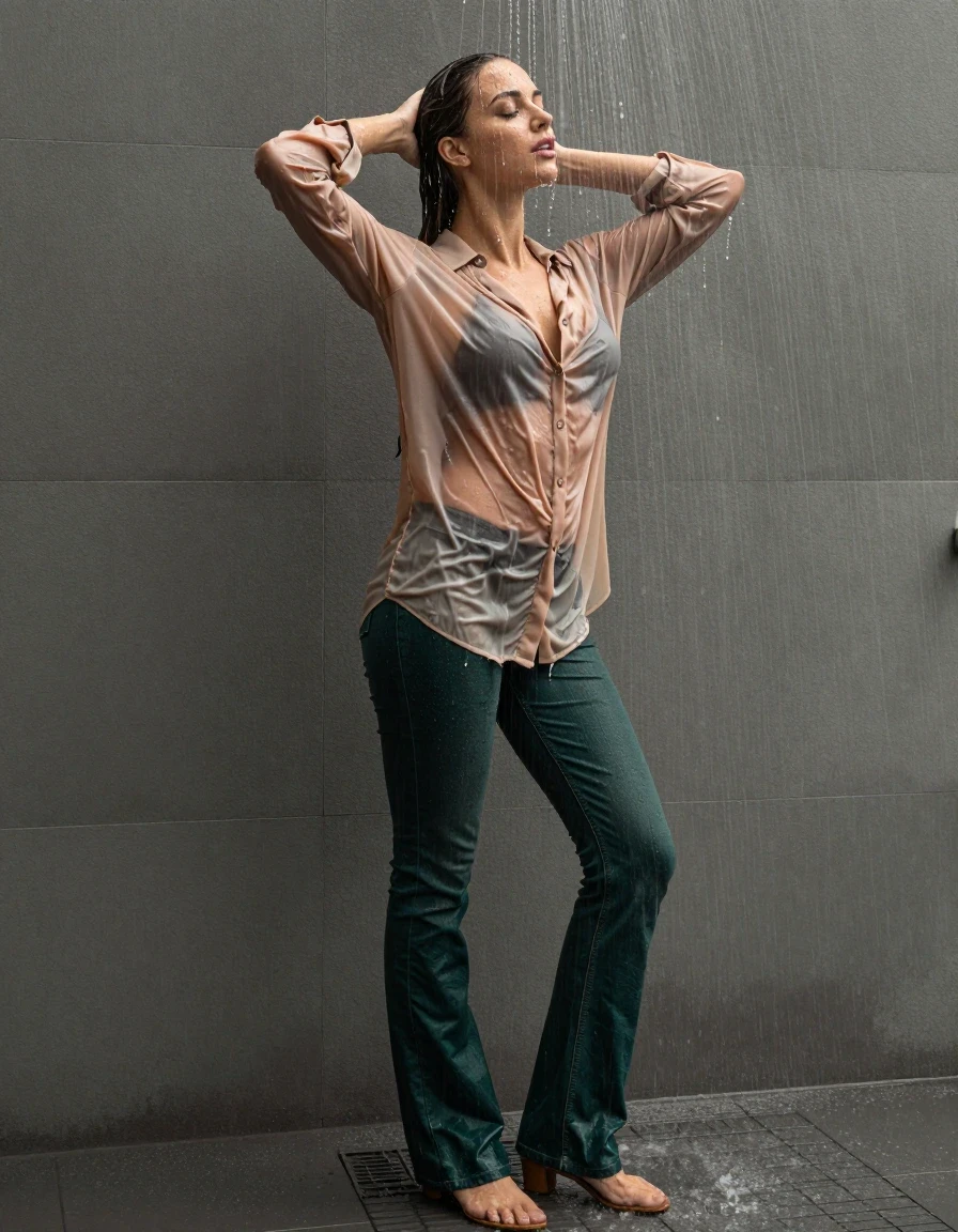 photo of young woman, in soaking wet, drenched clothes,
pumps, dark green oversized floor-length jeans, see-through, light brown oversized floor-length blouse, see-through, standing in shower, rain, 
enjoying, wet clothes stuck to body,
detailed textures of the wet clothes, wet face, wet plastered hair,
wet, drenched, professional, high-quality details, full body view.
sharp focus, ultra-high pixel detail, realistic, high-quality, full colors, incredibly detailed, 4k, 8k, 16k, hyper-realistic, RAW photo, masterpiece, ultra-detailed, professionally color graded, professional photograph, collar, long sleeves, buttoned, wet clinging hair, long hair, drenched, dripping wet, submerged, full body view, see-through, side view, wet skin, wet clothes, damp fabric