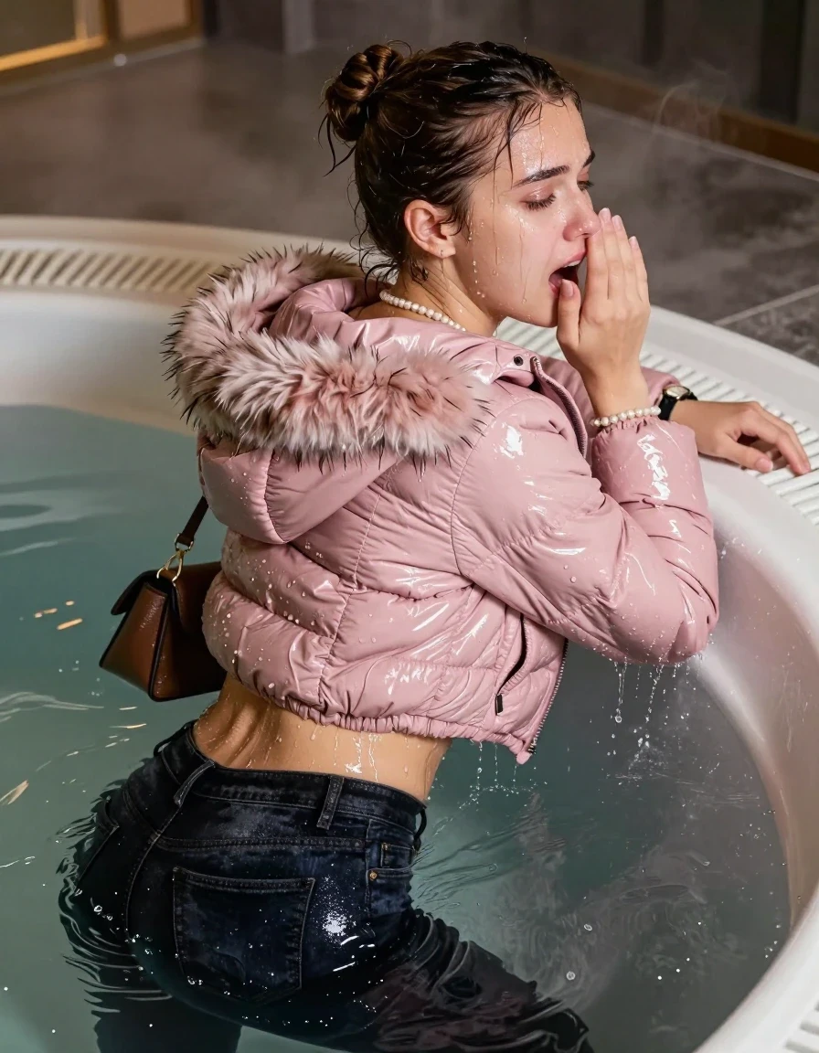 photo of young woman, in soaking wet, drenched clothes,
, Dark skinny jeans, Light pink Moncler shiny puffer down jacket with fur, Open jacket, tight v-neck sweater, shoulderbag, pearl necklace, bracelet, wristwatch, Steaming indoor jacuzzi , 
enjoying, wet clothes stuck to body,
detailed textures of the wet clothes, wet face, wet plastered hair,
wet, drenched, professional, high-quality details, full body view.
sharp focus, ultra-high pixel detail, realistic, high-quality, full colors, incredibly detailed, 4k, 8k, 16k, hyper-realistic, RAW photo, masterpiece, ultra-detailed, professionally color graded, professional photograph, A realistic vertical fashion photograph taken from a backward, behind-the-back angle of a 15-year-old teenage girl lying in a steaming indoor jacuzzi, facing away from the camera to show her back. She is tilting her head at camera, letting the water drench her hair so it is glued flat against her head and body. She has a sleek bun , completely saturated and dripping wet hair, with water cascading down her face and neck, crying and astonished expression. Hold her hand over her mouth. open mouth, half closed eyes. The lighting is bright and cinematic, highlighting the glistening water droplets on her skin and the saturated texture of her  casual clothes.  half closed eyes. 
her clothing is soaking wet and clinging tightly to her skin, showing heavy wet folds, darkened fabric texture, and deep water-saturated Patches, her clothes are heavy from the water, water runs from her body and her clothes in streams. A lot of water also runs out of her clothes. Her clothes are darkened by the water. 
hyper-realistic wetness, high-contrast water sheen, sharp focus, 16k resolution, professional photography, realistic water physics., wet skin, wet clothes, damp fabric, wet skin, wet clothes, damp fabric, wet skin, wet clothes, damp fabric, wet skin, wet clothes, damp fabric, wet skin, wet clothes, damp fabric, wet skin, wet clothes, damp fabric, wet skin, wet clothes, damp fabric, wet skin, wet clothes, damp fabric, wet skin, wet clothes, damp fabric, wet skin, wet clothes, damp fabric, wet skin, wet clothes, damp fabric, wet skin, wet clothes, damp fabric, wet skin, wet clothes, damp fabric