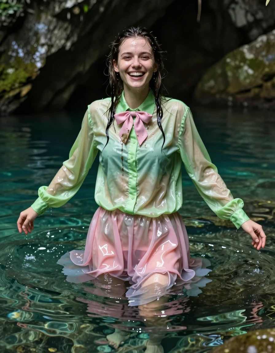 A photorealistic medium shot of a cheerful young adult European woman with a nerdy aesthetic, laughing joyfully while swimming in the crystalline waters of a secluded, dimly lit cavern lake. Her wet hair is plastered to her forehead and shoulders, with glistening water droplets cascading down her skin. She is wearing a vivid light green satin long-sleeved oversized shirt that is completely soaked, clinging to her frame and showing deep, saturated patches, paired with a pink silk floor-length skirt layered over multiple petticoats; the silk is heavy, translucent, and water-logged, clinging to her legs with visible folds and a high-sheen wet texture. A pink bowtie is tied at her collar, dripping and darkened by the water. Her bare feet are visible beneath the surface, distorted by the refraction of the clear lake water. The cave environment features damp, mossy stone walls reflecting soft, ethereal light across the surface of the water, which ripples around her. High-contrast lighting highlights the wet sheen on her skin and the heavy, clinging texture of the saturated fabrics, captured with a sharp focus and naturalistic detail.