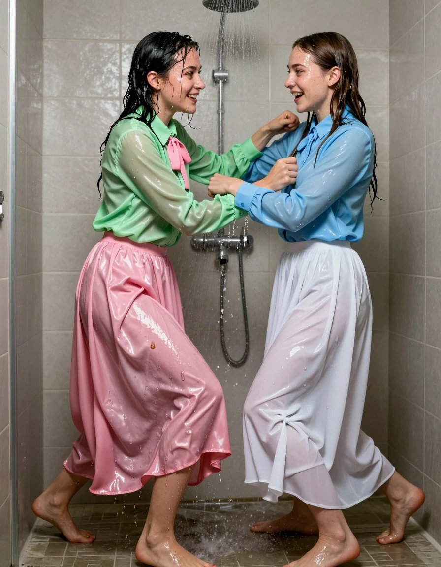 Photorealistic medium shot of two young adult European women, both teachers, playfully wrestling inside a shower. The first woman is wearing a vivid light green satin long-sleeved oversized shirt with a pink bowtie, and a pink silk floor-length skirt layered over multiple voluminous petticoats. The second woman is wearing a light blue long-sleeved blouse and a white maxi skirt with petticoats. Both women are barefoot. Their skin is glistening with water, hair is dripping wet, and their clothes are completely saturated; the silk and cotton fabrics are damp, heavy, and clinging to their bodies, showing deep color saturation and dark soaked patches where the water has been absorbed. Water cascades over them, creating a glossy sheen on their skin and fabric folds. The environment is a tiled shower stall with water spraying from an overhead nozzle. High-contrast lighting highlights the wet textures and the playful, dynamic movement of the wrestling. Sharp focus, 8k, highly detailed, cinematic lighting, realistic water physics.