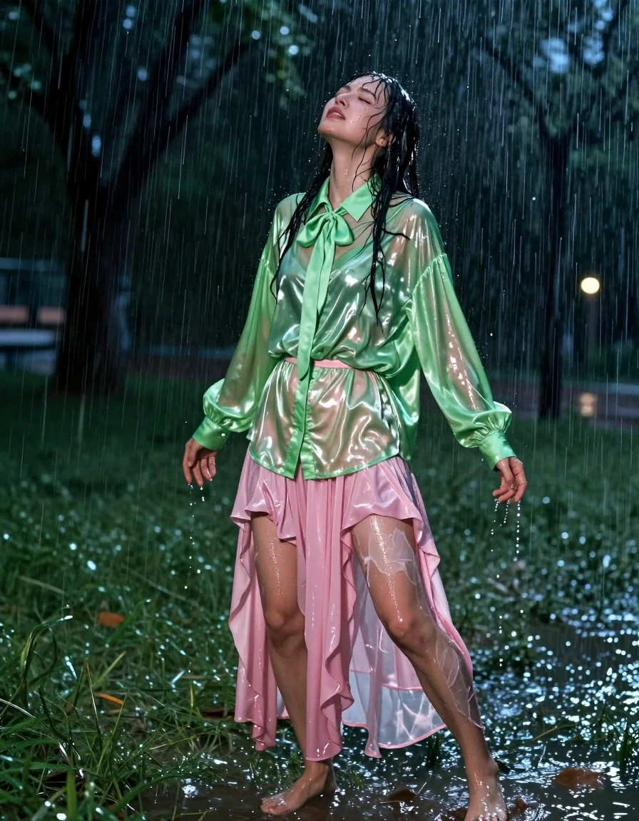 A photorealistic full-body shot of a young adult European woman with a nerdy aesthetic, caught in the middle of a torrential downpour in an empty park at night. She is wearing a vivid light green satin long-sleeved oversized shirt with a bowtie, and a pink silk floor-length skirt layered with multiple petticoats underneath. The torrential rain and huge winds have soaked her clothing; the pink silk skirt is heavy, clinging to her legs with translucent patches and deep, water-logged folds, while the vivid light green satin shirt is saturated, darkened, and clinging to her skin. She is barefoot, with her feet pressed into the muddy, rain-slicked grass. Her hair is plastered to her face and shoulders, and her skin has a high-gloss, wet-sheen finish from the constant rain. Her expression captures a moment of intense, ecstatic release, with eyes closed and head tilted back, embodying a raw, orgasmic state amidst the chaotic storm. The environment is dark and atmospheric, with heavy rain streaks illuminated by distant, dim park lighting, creating strong specular highlights on her wet skin and the saturated, draped fabrics. Cinematic composition, 8k resolution, hyper-detailed textures, realistic water physics, dramatic lighting.