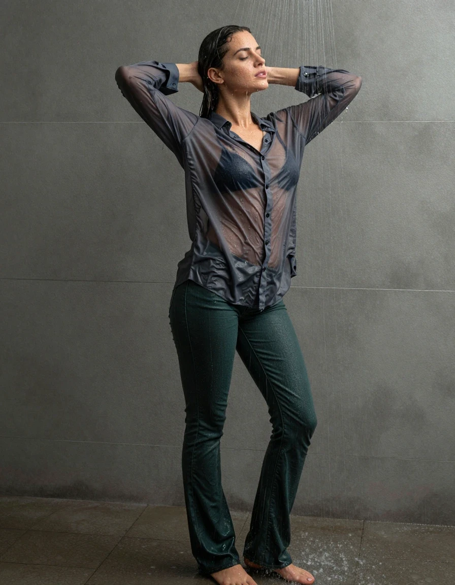 photo of young woman, in soaking wet, drenched clothes,
pumps, dark green oversized floor-length jeans, see-through, dark grey oversized floor-length blouse, see-through, standing in shower, rain, 
enjoying, wet clothes stuck to body,
detailed textures of the wet clothes, wet face, wet plastered hair,
wet, drenched, professional, high-quality details, full body view.
sharp focus, ultra-high pixel detail, realistic, high-quality, full colors, incredibly detailed, 4k, 8k, 16k, hyper-realistic, RAW photo, masterpiece, ultra-detailed, professionally color graded, professional photograph, collar, long sleeves, buttoned, wet clinging hair, long hair, drenched, dripping wet, submerged, full body view, see-through, side view, wet skin, wet clothes, damp fabric