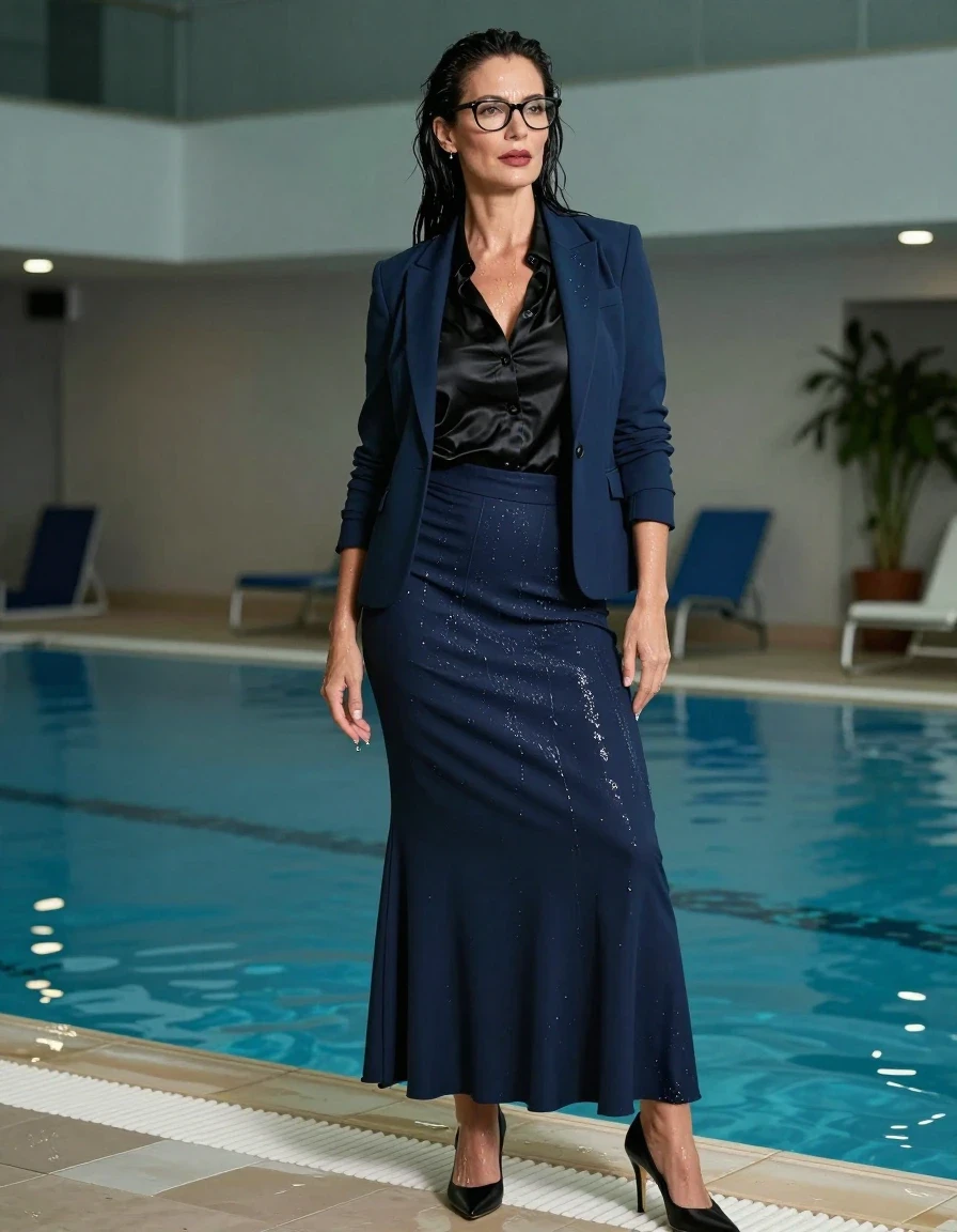 photo of young woman, in soaking wet, drenched clothes,
high heels black shoes, maxi dark blue flared skirt, dark blue blazer, long black silk satin shirt, after swim in indoor pool, enjoying wet clothes stuck body, enjoying, wet clothes stuck to body, 
enjoying, wet clothes stuck to body,
detailed textures of the wet clothes, wet face, wet plastered hair,
wet, drenched, professional, high-quality details, full body view.
sharp focus, ultra-high pixel detail, realistic, high-quality, full colors, incredibly detailed, 4k, 8k, 16k, hyper-realistic, RAW photo, masterpiece, ultra-detailed, professionally color graded, professional photograph, europen brunette skinny woman 50 years old, long dark black hair, office glasses, very big and thick lips, complete body, wet skin, wet clothes, damp fabric, wet skin, wet clothes, damp fabric, wet skin, wet clothes, damp fabric, wet skin, wet clothes, damp fabric, wet skin, wet clothes, damp fabric, wet skin, wet clothes, damp fabric, wet skin, wet clothes, damp fabric