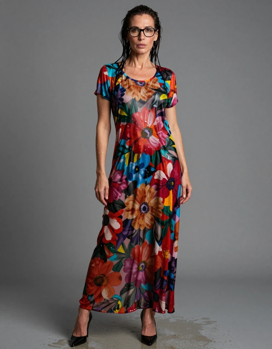 photo of young woman, in soaking wet, drenched clothes,
high black shoes, maxi multicolored floral t-shirt dress, maxi red floral t-shirt dress, after shower, enjoying wet clothes stuck body, enjoying, wet clothes stuck to body, 
enjoying, wet clothes stuck to body,
detailed textures of the wet clothes, wet face, wet plastered hair,
wet, drenched, professional, high-quality details, full body view.
sharp focus, ultra-high pixel detail, realistic, high-quality, full colors, incredibly detailed, 4k, 8k, 16k, hyper-realistic, RAW photo, masterpiece, ultra-detailed, professionally color graded, professional photograph, europen brunette skinny woman 50 years old, long dark black hair, office glasses, very big and thick lips, complete body, wet skin, wet clothes, damp fabric, wet skin, wet clothes, damp fabric, wet skin, wet clothes, damp fabric, wet skin, wet clothes, damp fabric, wet skin, wet clothes, damp fabric, wet skin, wet clothes, damp fabric, wet skin, wet clothes, damp fabric