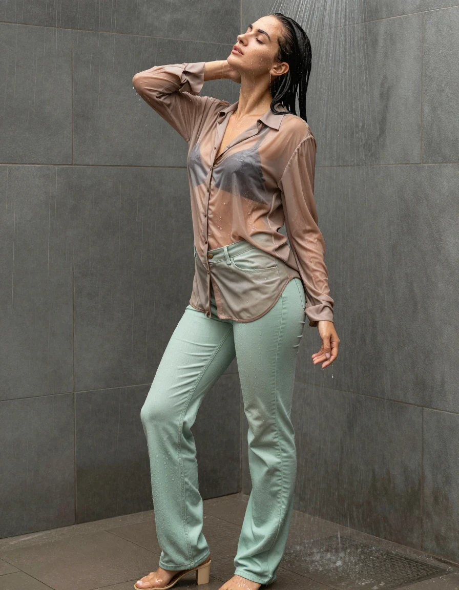 photo of young woman, in soaking wet, drenched clothes,
pumps, light green oversized floor-length jeans, see-through, light brown oversized floor-length blouse, see-through, standing in shower, rain, 
enjoying, wet clothes stuck to body,
detailed textures of the wet clothes, wet face, wet plastered hair,
wet, drenched, professional, high-quality details, full body view.
sharp focus, ultra-high pixel detail, realistic, high-quality, full colors, incredibly detailed, 4k, 8k, 16k, hyper-realistic, RAW photo, masterpiece, ultra-detailed, professionally color graded, professional photograph, collar, long sleeves, buttoned, wet clinging hair, long hair, drenched, dripping wet, submerged, full body view, see-through, side view, wet skin, wet clothes, damp fabric