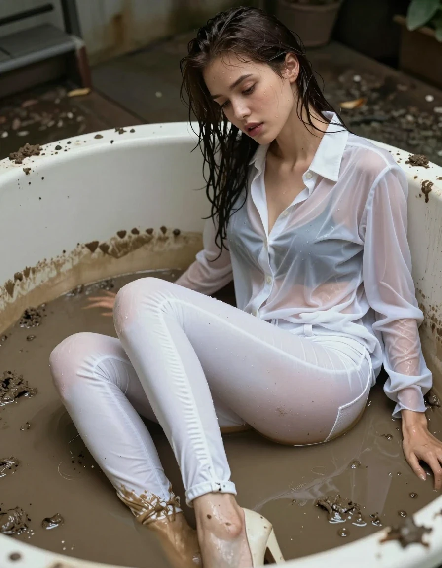 photo of young woman, in soaking wet, drenched clothes,
pumps, dark white slim floor-length silk jeans, see-through, dark white oversized long blouse, see-through, mud bathtub, 
enjoying, wet clothes stuck to body,
detailed textures of the wet clothes, wet face, wet plastered hair,
wet, drenched, professional, high-quality details, full body view.
sharp focus, ultra-high pixel detail, realistic, high-quality, full colors, incredibly detailed, 4k, 8k, 16k, hyper-realistic, RAW photo, masterpiece, ultra-detailed, professionally color graded, professional photograph, collar, long sleeves, buttoned,muddy wet hair, long hair, muddy clothes, submerged, full body view, see-through, side view, muddy clothes, wet skin, wet clothes, damp fabric