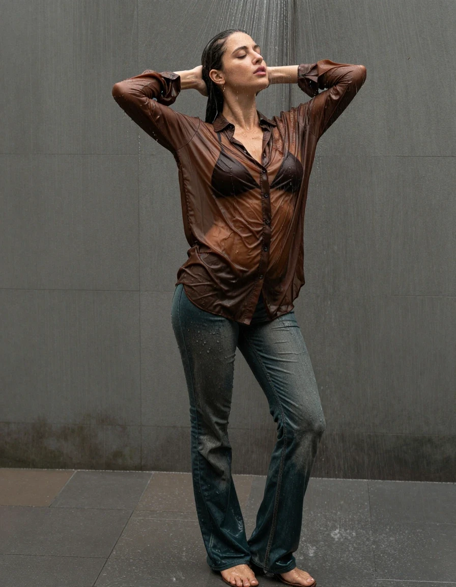 photo of young woman, in soaking wet, drenched clothes,
pumps, dark green oversized floor-length jeans, see-through, brown oversized floor-length blouse, see-through, standing in shower, rain, 
enjoying, wet clothes stuck to body,
detailed textures of the wet clothes, wet face, wet plastered hair,
wet, drenched, professional, high-quality details, full body view.
sharp focus, ultra-high pixel detail, realistic, high-quality, full colors, incredibly detailed, 4k, 8k, 16k, hyper-realistic, RAW photo, masterpiece, ultra-detailed, professionally color graded, professional photograph, collar, long sleeves, buttoned, wet clinging hair, long hair, drenched, dripping wet, submerged, full body view, see-through, side view, wet skin, wet clothes, damp fabric