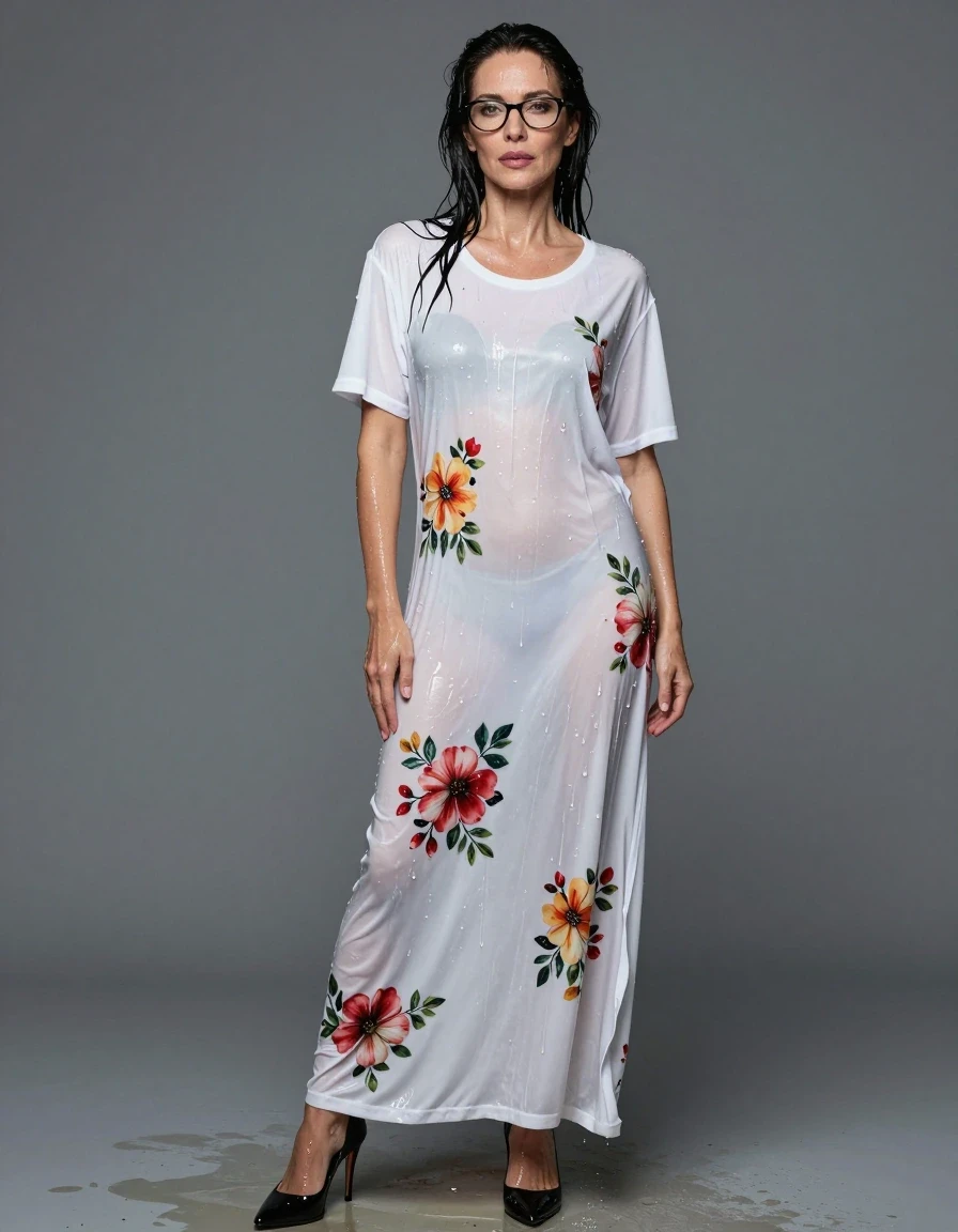 photo of young woman, in soaking wet, drenched clothes,
high black shoes, maxi white floral t-shirt dress, maxi white floral t-shirt dress, after shower, enjoying wet clothes stuck body, enjoying, wet clothes stuck to body, 
enjoying, wet clothes stuck to body,
detailed textures of the wet clothes, wet face, wet plastered hair,
wet, drenched, professional, high-quality details, full body view.
sharp focus, ultra-high pixel detail, realistic, high-quality, full colors, incredibly detailed, 4k, 8k, 16k, hyper-realistic, RAW photo, masterpiece, ultra-detailed, professionally color graded, professional photograph, europen brunette skinny woman 50 years old, long dark black hair, office glasses, very big and thick lips, complete body, wet skin, wet clothes, damp fabric, wet skin, wet clothes, damp fabric, wet skin, wet clothes, damp fabric, wet skin, wet clothes, damp fabric, wet skin, wet clothes, damp fabric, wet skin, wet clothes, damp fabric, wet skin, wet clothes, damp fabric