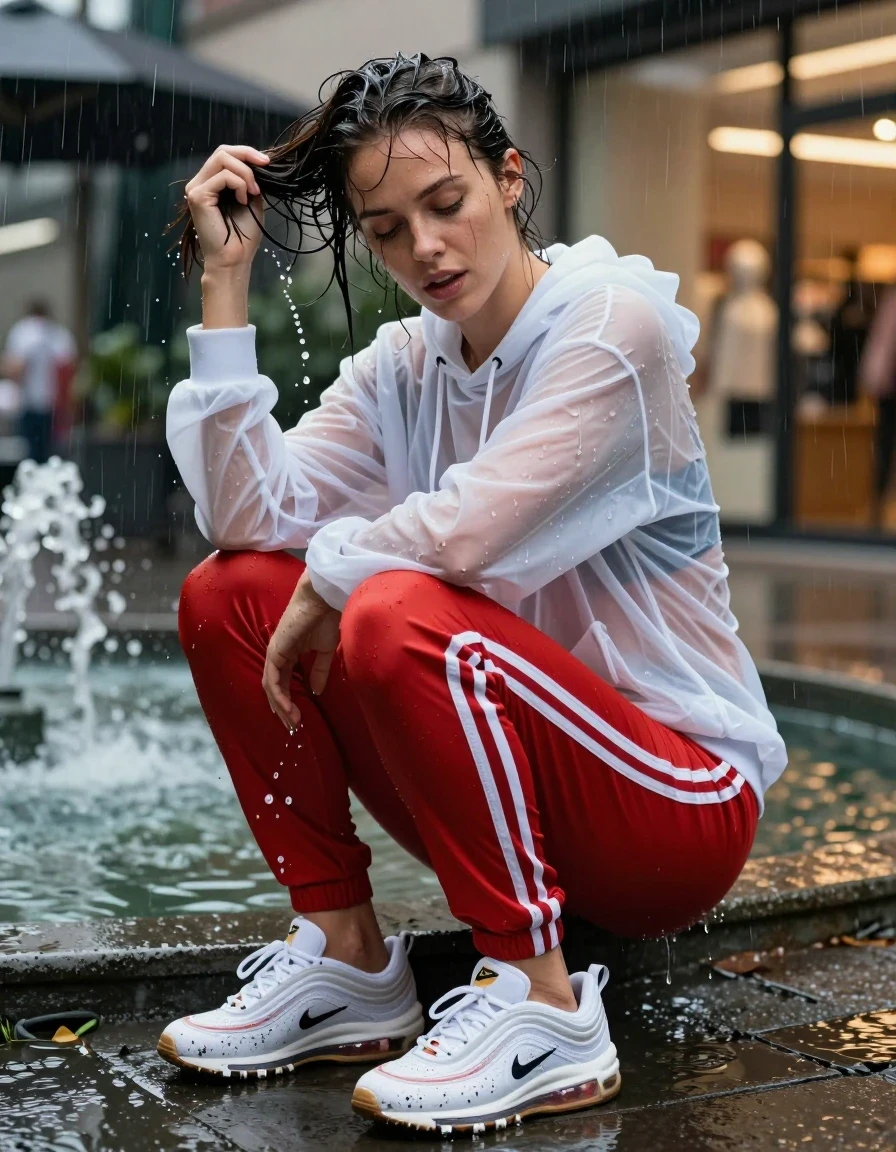 photo of young woman, in soaking wet, drenched clothes,
white sodden nike airmax 97 athletic trainers with muddy water splashes, Red adidas firebird trackpant clinging to skin from heavy rain, translucent white oversized wet gym hoodie revealing layers beneath, Fountain with rain-slicked pavement and glowing storefront lights, 
enjoying, wet clothes stuck to body,
detailed textures of the wet clothes, wet face, wet plastered hair,
wet, drenched, professional, high-quality details, full body view.
sharp focus, ultra-high pixel detail, realistic, high-quality, full colors, incredibly detailed, 4k, 8k, 16k, hyper-realistic, RAW photo, masterpiece, ultra-detailed, professionally color graded, professional photograph, candid paparazzi capture, woman wringing out her wet ponytail, water dripping from hemline, hyper-realistic fabric texture, high-speed shutter, 85mm lens, depth of field, natural rainy atmosphere, vibrant moody lighting, completely soaked, wet skin, wet clothes, damp fabric