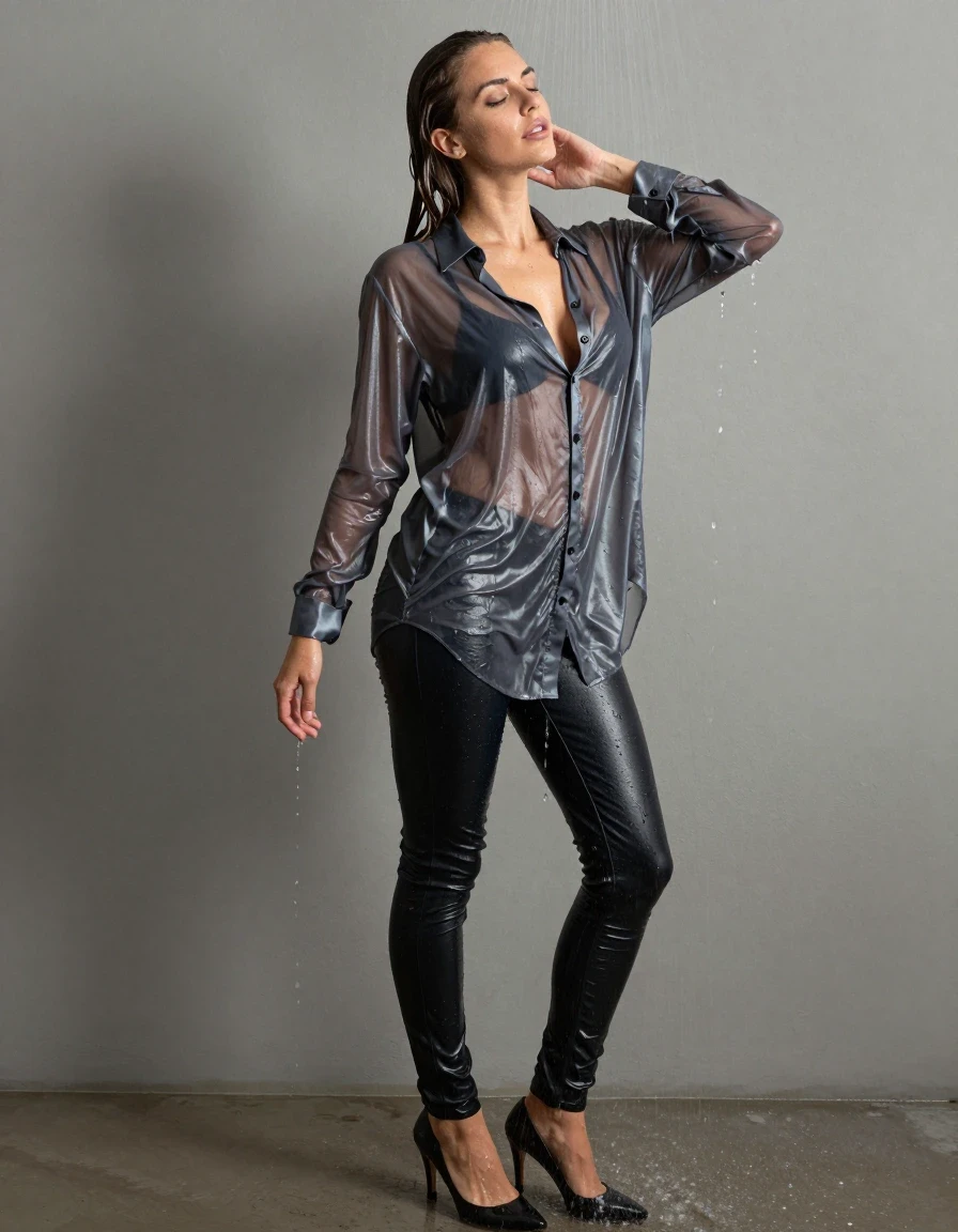 photo of young woman, in soaking wet, drenched clothes,
pumps, dark black slim floor-length silk jeans, see-through, dark silver oversized floor-length blouse, see-through, standing in shower, rain, 
enjoying, wet clothes stuck to body,
detailed textures of the wet clothes, wet face, wet plastered hair,
wet, drenched, professional, high-quality details, full body view.
sharp focus, ultra-high pixel detail, realistic, high-quality, full colors, incredibly detailed, 4k, 8k, 16k, hyper-realistic, RAW photo, masterpiece, ultra-detailed, professionally color graded, professional photograph, collar, long sleeves, buttoned, wet clinging hair, long hair, drenched, dripping wet, submerged, full body view, see-through, side view, wet skin, wet clothes, damp fabric