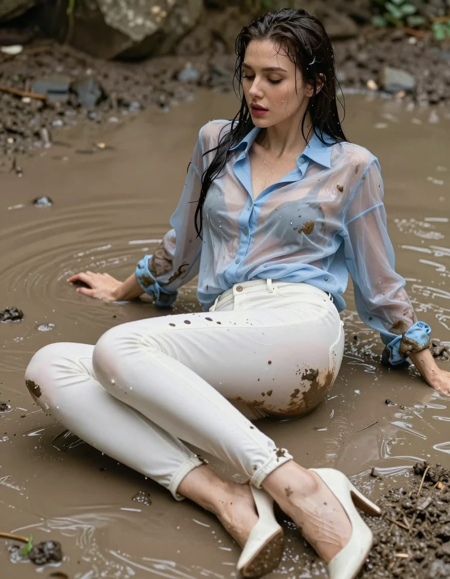 photo of young woman, in soaking wet, drenched clothes,
pumps, muddy white slim floor-length silk jeans, see-through, muddy light blue oversized long blouse, see-through, mud shower, 
enjoying, wet clothes stuck to body,
detailed textures of the wet clothes, wet face, wet plastered hair,
wet, drenched, professional, high-quality details, full body view.
sharp focus, ultra-high pixel detail, realistic, high-quality, full colors, incredibly detailed, 4k, 8k, 16k, hyper-realistic, RAW photo, masterpiece, ultra-detailed, professionally color graded, professional photograph, lying in muddy pool, collar, long sleeves, buttoned, muddy wet hair, long hair, muddy clothes,  full body view, see-through, side view, muddy clothes, drenched clothes, shower, wet skin, wet clothes, damp fabric