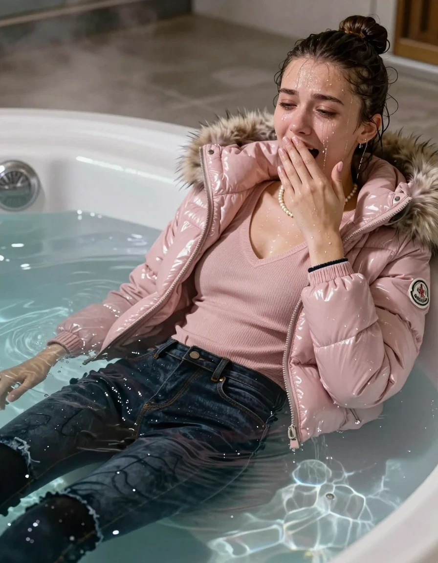 photo of young woman, in soaking wet, drenched clothes,
, Dark skinny jeans, Light pink Moncler shiny puffer down jacket with fur, Open jacket, tight v-neck sweater, shoulderbag, pearl necklace, bracelet, wristwatch, Steaming indoor jacuzzi , 
enjoying, wet clothes stuck to body,
detailed textures of the wet clothes, wet face, wet plastered hair,
wet, drenched, professional, high-quality details, full body view.
sharp focus, ultra-high pixel detail, realistic, high-quality, full colors, incredibly detailed, 4k, 8k, 16k, hyper-realistic, RAW photo, masterpiece, ultra-detailed, professionally color graded, professional photograph, A realistic vertical fashion photograph taken from a backward, behind-the-back angle of a 15-year-old teenage girl lying in a steaming indoor jacuzzi, facing to the camera to show her back. She is tilting her head at camera, letting the water drench her hair so it is glued flat against her head and body. She has a sleek bun , completely saturated and dripping wet hair, with water cascading down her face and neck, crying and astonished expression. Hold her hand over her mouth. open mouth, half closed eyes. The lighting is bright and cinematic, highlighting the glistening water droplets on her skin and the saturated texture of her  casual clothes.  half closed eyes. 
her clothing is soaking wet and clinging tightly to her skin, showing heavy wet folds, darkened fabric texture, and deep water-saturated Patches, her clothes are heavy from the water, water runs from her body and her clothes in streams. A lot of water also runs out of her clothes. Her clothes are darkened by the water. 
hyper-realistic wetness, high-contrast water sheen, sharp focus, 16k resolution, professional photography, realistic water physics., wet skin, wet clothes, damp fabric, wet skin, wet clothes, damp fabric, wet skin, wet clothes, damp fabric, wet skin, wet clothes, damp fabric, wet skin, wet clothes, damp fabric, wet skin, wet clothes, damp fabric, wet skin, wet clothes, damp fabric, wet skin, wet clothes, damp fabric, wet skin, wet clothes, damp fabric, wet skin, wet clothes, damp fabric, wet skin, wet clothes, damp fabric, wet skin, wet clothes, damp fabric, wet skin, wet clothes, damp fabric