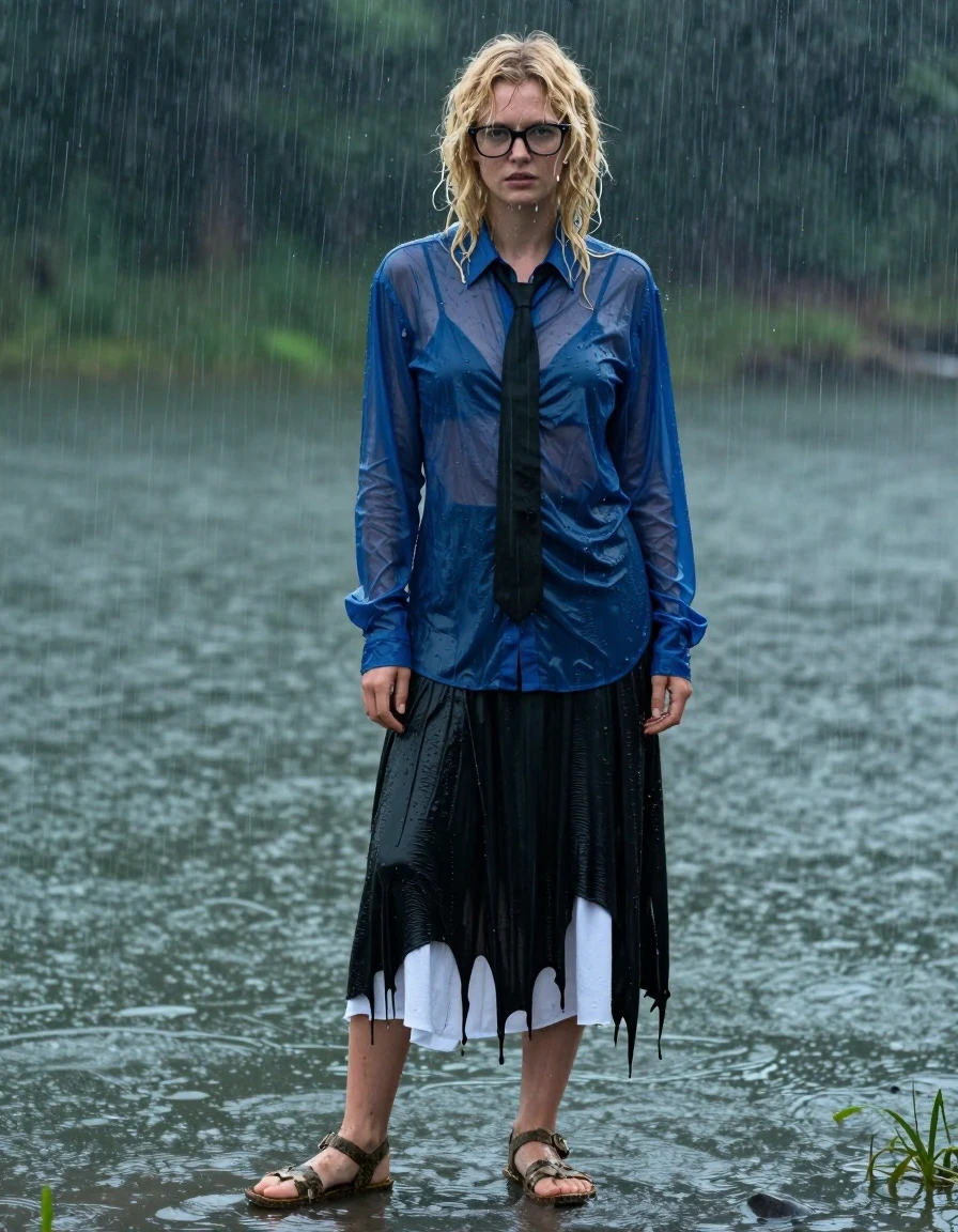 A photorealistic medium shot of a young adult European woman with messy blonde curly hair, wearing thick-rimmed glasses, standing in a lake during a heavy rainstorm. She is wearing an oversized, long-sleeved, deep blue sheer button-down shirt that is clinging to her skin, worn with a black necktie. Beneath, a floor-length black cotton skirt layered over a white petticoat is heavily soaked, with the fabric darkened, heavy with water, and clinging to her legs. She is wearing ruined, mud-caked sandals. The rain is torrential, creating a visible sheen on her wet skin and saturating her clothes to a deep, dark tone. The atmosphere is damp and moody, with water droplets streaming down her face and hair. Cinematic lighting captures the specular reflections on the wet fabric and the surrounding lake water, 8k resolution, hyper-realistic textures, sharp focus, professional photography.