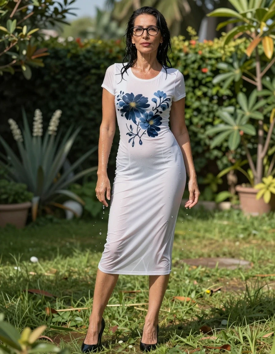 photo of young woman, in soaking wet, drenched clothes,
high heels black shoes, long white floral tight t-shirt dress, long white dark blue tight t-shirt dress, in sunny garden, enjoying wet clothes stuck body, enjoying, wet clothes stuck to body, 
enjoying, wet clothes stuck to body,
detailed textures of the wet clothes, wet face, wet plastered hair,
wet, drenched, professional, high-quality details, full body view.
sharp focus, ultra-high pixel detail, realistic, high-quality, full colors, incredibly detailed, 4k, 8k, 16k, hyper-realistic, RAW photo, masterpiece, ultra-detailed, professionally color graded, professional photograph, europen brunette skinny woman 50 years old, long dark black hair, office glasses, very big and thick lips, complete body, wet skin, wet clothes, damp fabric, wet skin, wet clothes, damp fabric, wet skin, wet clothes, damp fabric, wet skin, wet clothes, damp fabric, wet skin, wet clothes, damp fabric, wet skin, wet clothes, damp fabric, wet skin, wet clothes, damp fabric