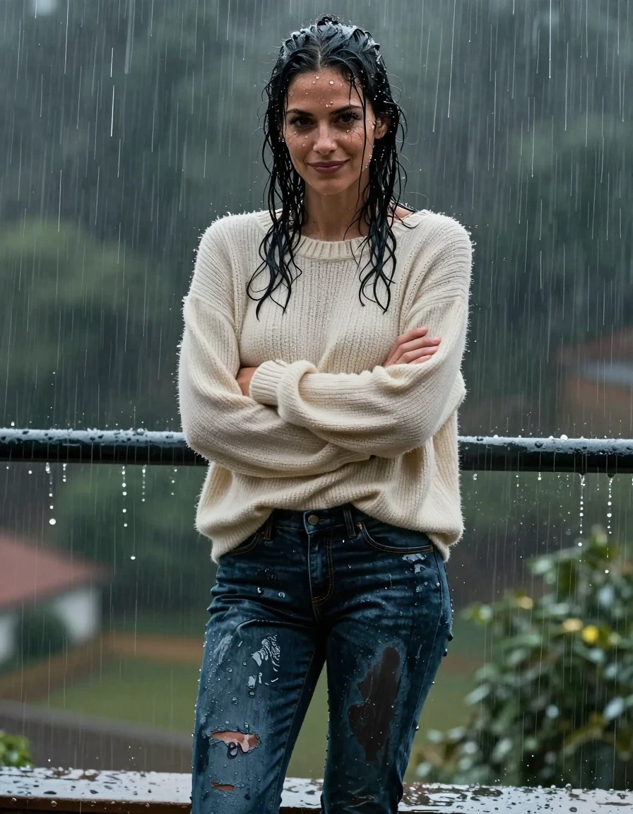 A photorealistic medium shot of a 30-year-old woman with warm olive skin and long black hair styled in a damp, messy bun with loose strands clinging to her face, deep brown eyes, and visible raindrops clinging to her long eyelashes. She is standing on a balcony during a rainstorm, wearing a cream-colored oversized knit sweater that is heavy, drenched, and clinging to her frame, and soaking-wet dark long denim jeans; the denim is water-saturated, the color shifted to deep navy and indigo with substantially darker unevenly soaked patches, heavy wet folds, visible weave and stitching, and strong glossy specular reflections on the raised weave, seams, and creases. She is barefoot, arms crossed, looking at the viewer with a shy, warm smile. The atmosphere is evocative, capturing a sense of vulnerability and aliveness. Cinematic lighting, high-detail skin texture, wet skin sheen, hyper-realistic water droplets, sharp focus, 8k resolution, professional photography.
