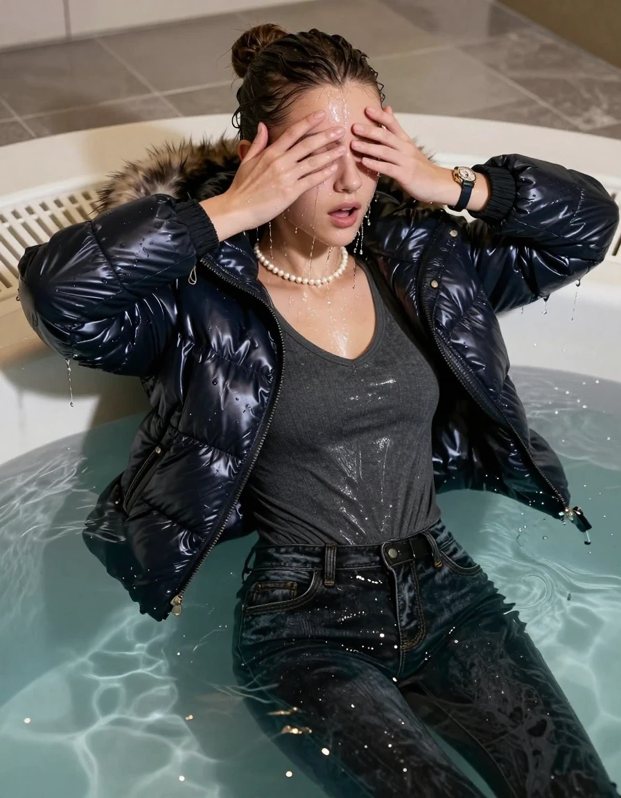 photo of young woman, in soaking wet, drenched clothes,
, Dark skinny jeans with belt, Moncler shiny puffer down jacket with fur, Open jacket, tight v-neck sweater, shoulderbag, pearl necklace, bracelet, wristwatch, Steaming indoor jacuzzi , 
enjoying, wet clothes stuck to body,
detailed textures of the wet clothes, wet face, wet plastered hair,
wet, drenched, professional, high-quality details, full body view.
sharp focus, ultra-high pixel detail, realistic, high-quality, full colors, incredibly detailed, 4k, 8k, 16k, hyper-realistic, RAW photo, masterpiece, ultra-detailed, professionally color graded, professional photograph, A realistic vertical fashion photograph taken from a backward, behind-the-back angle of a 15-year-old teenage girl lying in a steaming indoor jacuzzi, facing to the camera to show her back. She is tilting her head at camera, letting the water drench her hair so it is glued flat against her head and body. She has a sleek bun , completely saturated and dripping wet hair, with water cascading down her face and neck. cover her whole face with her hands. open mouth, half closed eyes. The lighting is bright and cinematic, highlighting the glistening water droplets on her skin and the saturated texture of her  casual clothes.
her clothing is soaking wet and clinging tightly to her skin, showing heavy wet folds, darkened fabric texture, and deep water-saturated Patches, her clothes are heavy from the water, water runs from her body and her clothes in streams. A lot of water also runs out of her clothes. Her clothes are darkened by the water. 
hyper-realistic wetness, high-contrast water sheen, sharp focus, 16k resolution, professional photography, realistic water physics., wet skin, wet clothes, damp fabric, wet skin, wet clothes, damp fabric, wet skin, wet clothes, damp fabric, wet skin, wet clothes, damp fabric, wet skin, wet clothes, damp fabric, wet skin, wet clothes, damp fabric, wet skin, wet clothes, damp fabric, wet skin, wet clothes, damp fabric, wet skin, wet clothes, damp fabric, wet skin, wet clothes, damp fabric, wet skin, wet clothes, damp fabric, wet skin, wet clothes, damp fabric, wet skin, wet clothes, damp fabric