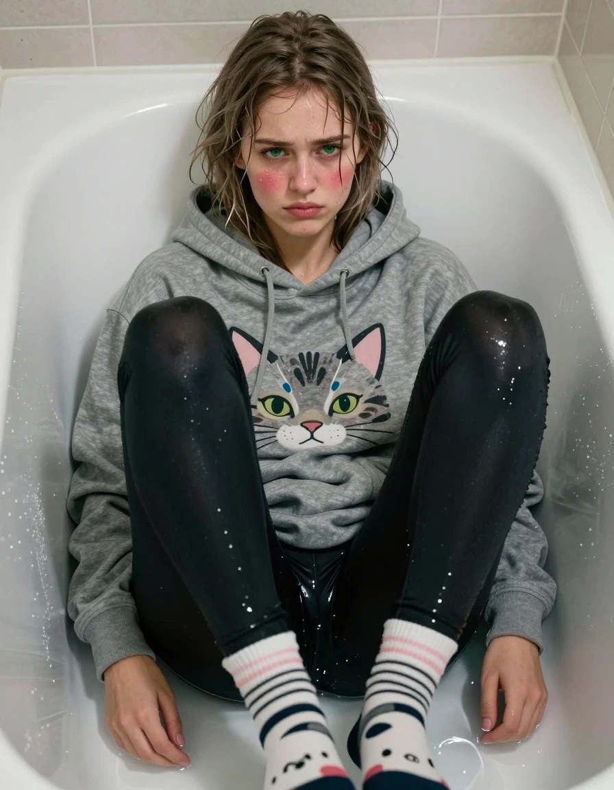 A photorealistic medium shot of a 24-year-old British woman with light skin, ash brown shoulder-length hair, and bright green eyes, sitting upright in a full bathtub. She is wearing an oversized gray hoodie with a cat face print and black leggings, with mismatched novelty socks on her feet. The clothing is heavily soaked, with the hoodie and leggings clinging to her body, showing dark, water-saturated fabric, heavy wet folds, and a realistic water sheen. Her hair is damp and matted, with droplets clinging to her skin. She is positioned sitting upright with her knees drawn in, not lying back or extending her legs. She is looking down with a visible blush on her cheeks, expressing a mix of nervousness and amusement, transitioning into a state of relaxed trust. The environment is a domestic bathroom with water surface reflections. The lighting is soft and cinematic, highlighting the wet textures, clinging fabric, and the moisture on her skin. Shot on 35mm lens, high detail, realistic skin pores, sharp focus on facial expression, professional color grading.