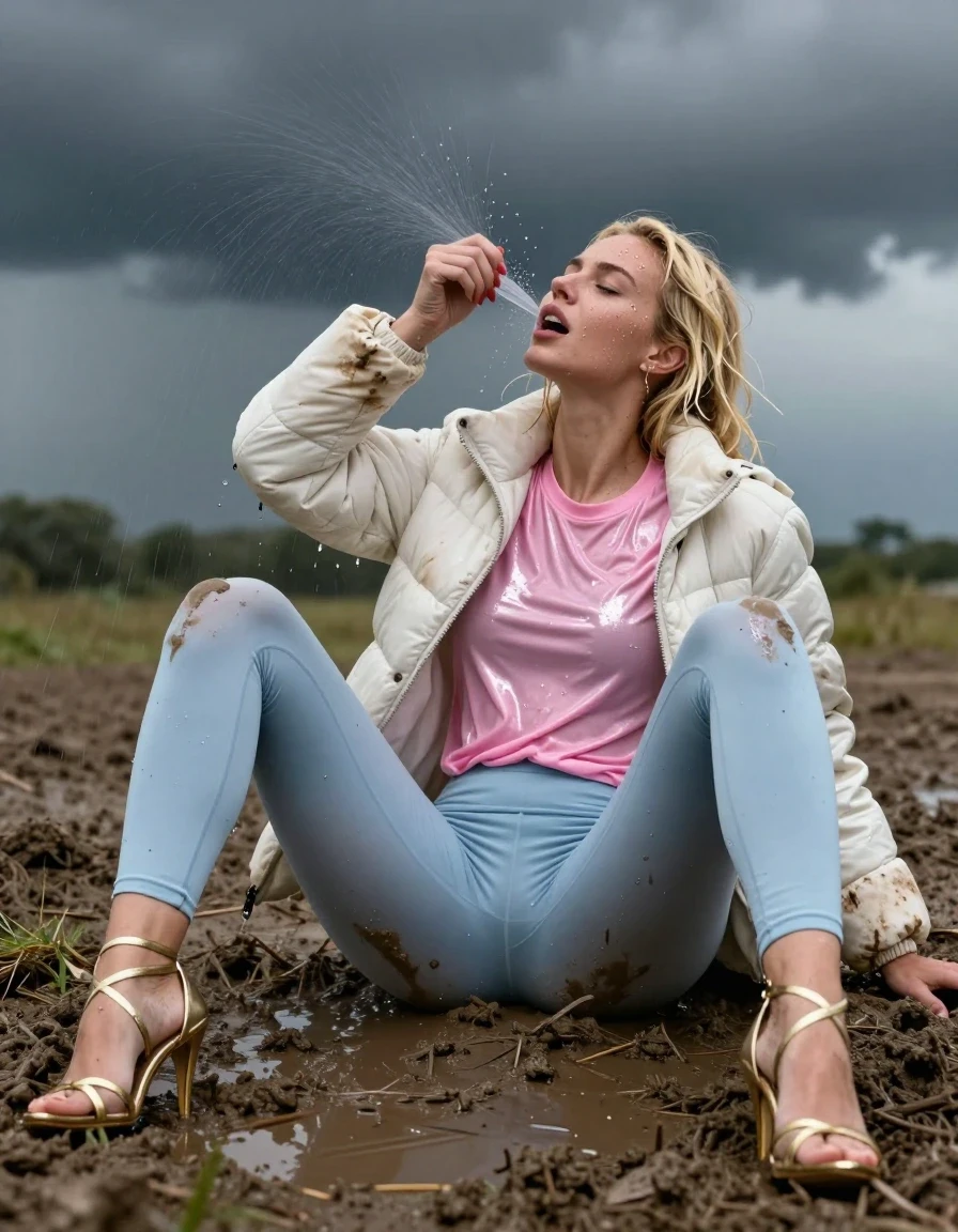 photo of young woman, in soaking wet, drenched clothes,
Strappy gold stilettos, Dirty pale blue leggings , Very dirty white puffer jacket , shiny pink t-shirt , Lying back in deep mud, legs apart, pissing, 
enjoying, wet clothes stuck to body,
detailed textures of the wet clothes, wet face, wet plastered hair,
wet, drenched, professional, high-quality details, full body view.
sharp focus, ultra-high pixel detail, realistic, high-quality, full colors, incredibly detailed, 4k, 8k, 16k, hyper-realistic, RAW photo, masterpiece, ultra-detailed, professionally color graded, professional photograph, Blonde, in thunder storm, wet skin, wet clothes, wet skin, wet clothes, damp fabric