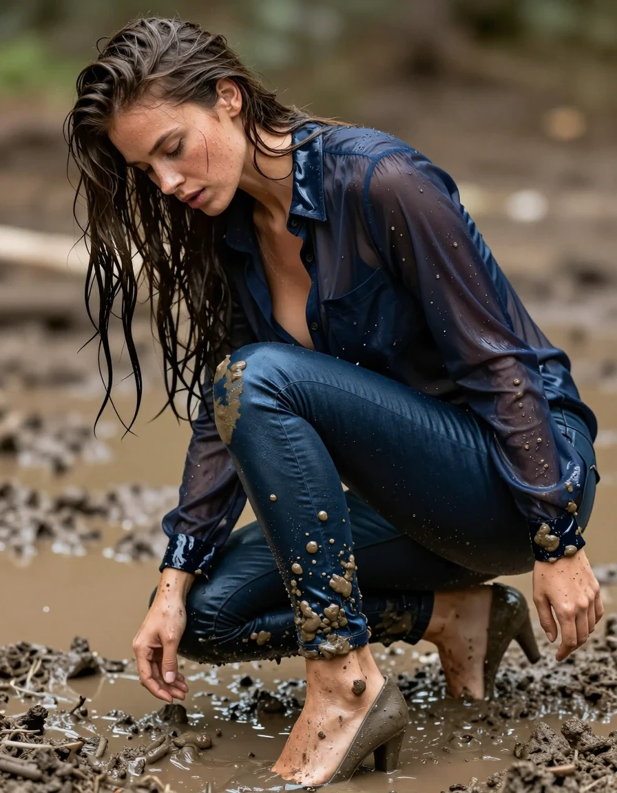 photo of young woman, in soaking wet, drenched clothes,
pumps, muddy dark blue slim floor-length silk jeans, see-through, muddy dark blue oversized long blouse, see-through, mud pool, 
enjoying, wet clothes stuck to body,
detailed textures of the wet clothes, wet face, wet plastered hair,
wet, drenched, professional, high-quality details, full body view.
sharp focus, ultra-high pixel detail, realistic, high-quality, full colors, incredibly detailed, 4k, 8k, 16k, hyper-realistic, RAW photo, masterpiece, ultra-detailed, professionally color graded, professional photograph, collar, long sleeves, buttoned,muddy wet hair, long hair, muddy clothes,  full body view, see-through, side view, muddy clothes, wet skin, wet clothes, damp fabric