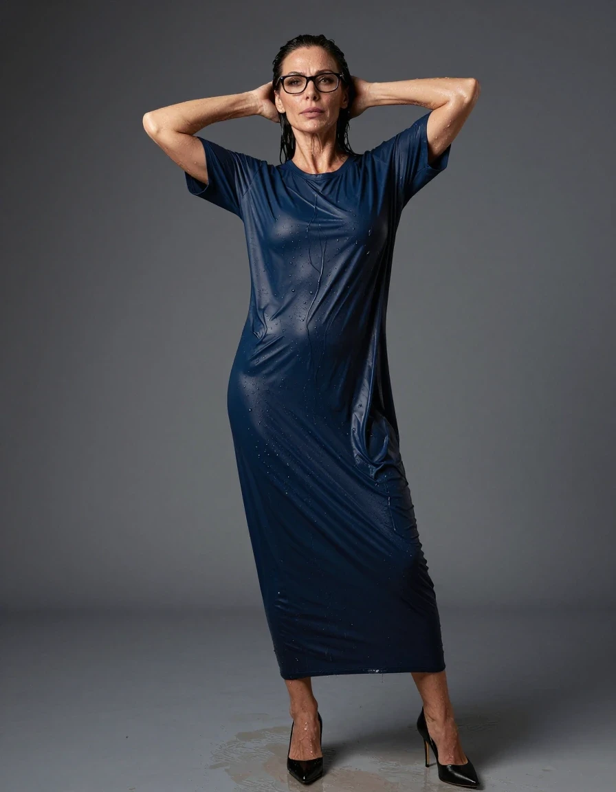 photo of young woman, in soaking wet, drenched clothes,
high black shoes, maxi dark blue t-shirt dress, maxi dark blue t-shirt dress, after shower, enjoying wet clothes stuck body, enjoying, wet clothes stuck to body, 
enjoying, wet clothes stuck to body,
detailed textures of the wet clothes, wet face, wet plastered hair,
wet, drenched, professional, high-quality details, full body view.
sharp focus, ultra-high pixel detail, realistic, high-quality, full colors, incredibly detailed, 4k, 8k, 16k, hyper-realistic, RAW photo, masterpiece, ultra-detailed, professionally color graded, professional photograph, europen brunette skinny woman 50 years old, long dark black hair, office glasses, very big and thick lips, complete body, wet skin, wet clothes, damp fabric, wet skin, wet clothes, damp fabric, wet skin, wet clothes, damp fabric, wet skin, wet clothes, damp fabric, wet skin, wet clothes, damp fabric, wet skin, wet clothes, damp fabric, wet skin, wet clothes, damp fabric