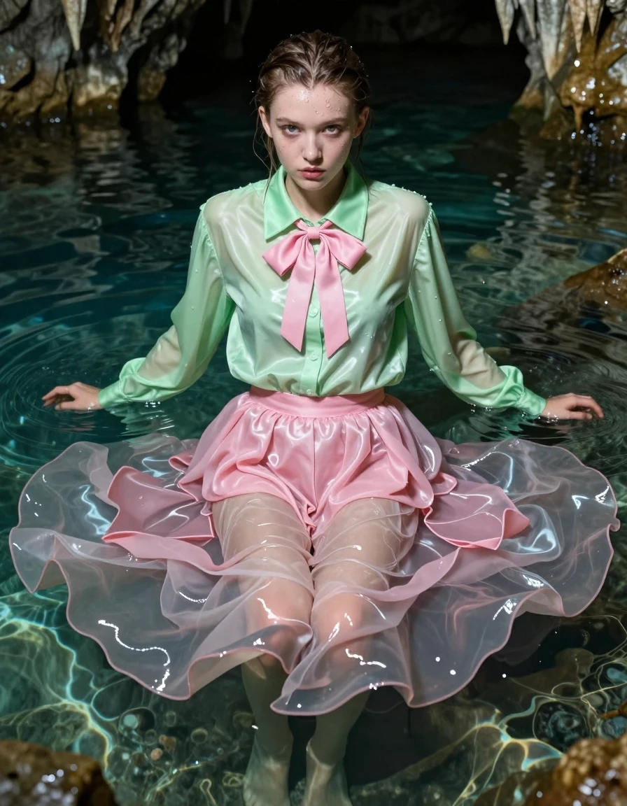 A photorealistic portrait of a nerdy young adult European woman with wet, slicked-back hair, submerged chest-deep in the crystal-clear water of a mysterious, cavernous lake. She is wearing a vivid light green satin long-sleeved oversized shirt with a pink bowtie, and a pink silk floor-length skirt layered with multiple petticoats. The fabrics are heavily soaked, clinging to her skin with deep, saturated colors, visible water weight, and intricate folds, displaying a high-gloss wet sheen and translucent texture where submerged. Her bare feet are visible beneath the water's surface, illuminated by ethereal cave light. The atmosphere is damp and cool, with cavern walls reflecting in the rippling water. Cinematic lighting, hyper-realistic skin texture, water droplets on face, sharp focus on wet fabric textures, 8k resolution, highly detailed.