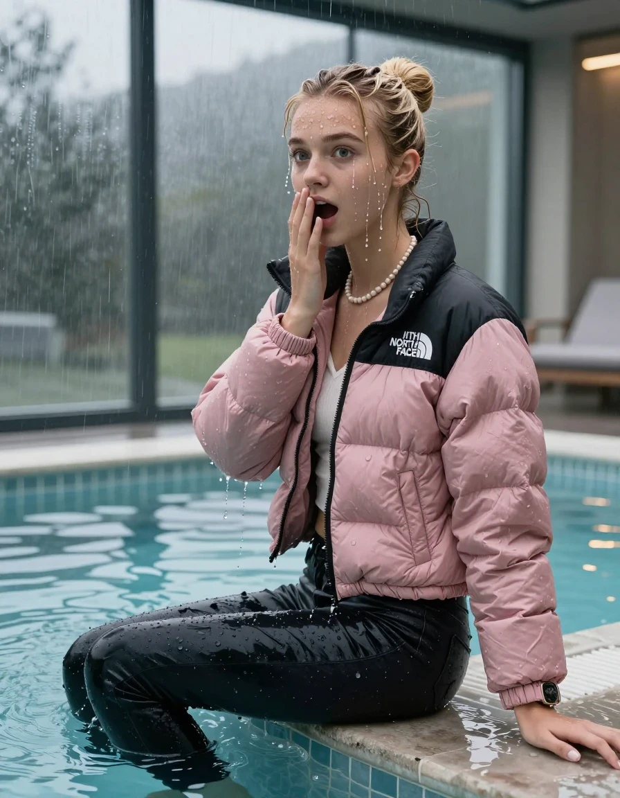 photo of young woman, in soaking wet, drenched clothes,
, Dark skinny jeans, Pink  north face puffer down jacket, Open jacket, tight v-neck sweater, shoulderbag, pearl necklace, bracelet, wristwatch, Steaming indoor jacuzzi , 
enjoying, wet clothes stuck to body,
detailed textures of the wet clothes, wet face, wet plastered hair,
wet, drenched, professional, high-quality details, full body view.
sharp focus, ultra-high pixel detail, realistic, high-quality, full colors, incredibly detailed, 4k, 8k, 16k, hyper-realistic, RAW photo, masterpiece, ultra-detailed, professionally color graded, professional photograph, A realistic vertical fashion photograph taken from a backward, behind-the-back angle of a 15-year-old teenage girl sitting  in a glass-walled outdoor swimming pool and dive into the water, facing to the camera to show her back. She is tilting her head at camera, letting the water drench her hair so it is glued flat against her head and body. She has blonde sleek bun  completely saturated and dripping wet hair, with water cascading down her face and neck. Afraid and astonished expression. open mouth, big eyes. She holds a Hand over her mouth. The lighting is bright and cinematic, highlighting the glistening water droplets on her skin and the saturated texture of her  casual clothes. Outside the large glass wall of the pool building, heavy rain is visible falling against the window. Soft, moody indoor lighting with reflections on the water. High-quality fashion photography style.
her clothing is soaking wet and clinging tightly to her skin, showing heavy wet folds, darkened fabric texture, and deep water-saturated Patches, her clothes are heavy from the water, water runs from her body and her clothes in streams. A lot of water also runs out of her clothes. Her clothes are darkened by the water. 
hyper-realistic wetness, high-contrast water sheen, sharp focus, 16k resolution, professional photography, realistic water physics., wet skin, wet clothes, damp fabric, wet skin, wet clothes, damp fabric, wet skin, wet clothes, damp fabric, wet skin, wet clothes, damp fabric, wet skin, wet clothes, damp fabric, wet skin, wet clothes, damp fabric, wet skin, wet clothes, damp fabric, wet skin, wet clothes, damp fabric, wet skin, wet clothes, damp fabric, wet skin, wet clothes, damp fabric, wet skin, wet clothes, damp fabric, wet skin, wet clothes, damp fabric, wet skin, wet clothes, damp fabric, wet skin, wet clothes, damp fabric, wet skin, wet clothes, damp fabric, wet skin, wet clothes, damp fabric