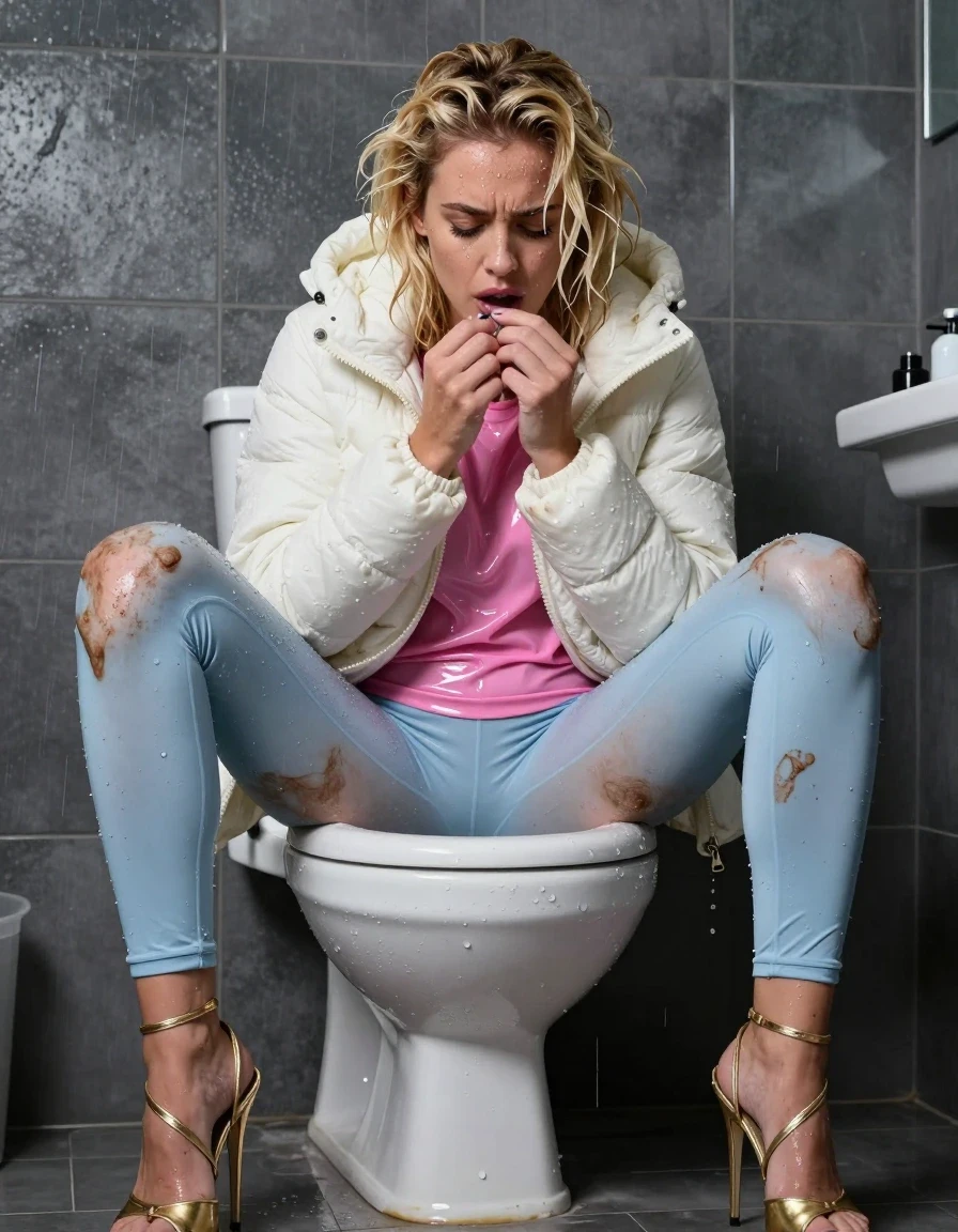 photo of young woman, in soaking wet, drenched clothes,
Strappy gold stilettos, Dirty pale blue leggings , Very muddy white puffer jacket , shiny pink t-shirt , On toilet, legs apart, peeing in clothes , 
enjoying, wet clothes stuck to body,
detailed textures of the wet clothes, wet face, wet plastered hair,
wet, drenched, professional, high-quality details, full body view.
sharp focus, ultra-high pixel detail, realistic, high-quality, full colors, incredibly detailed, 4k, 8k, 16k, hyper-realistic, RAW photo, masterpiece, ultra-detailed, professionally color graded, professional photograph, Blonde, in thunder storm, wet skin, wet clothes, wet skin, wet clothes, damp fabric, wet skin, wet clothes, damp fabric