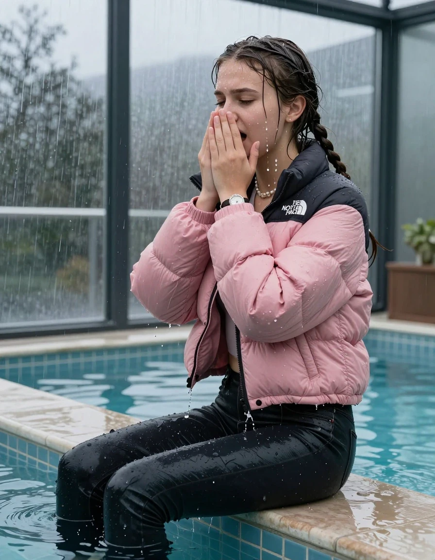 photo of young woman, in soaking wet, drenched clothes,
, Dark skinny jeans, Pink north face puffer down jacket, Open jacket, tight v-neck sweater, shoulderbag, pearl necklace, bracelet, wristwatch, Steaming indoor jacuzzi , 
enjoying, wet clothes stuck to body,
detailed textures of the wet clothes, wet face, wet plastered hair,
wet, drenched, professional, high-quality details, full body view.
sharp focus, ultra-high pixel detail, realistic, high-quality, full colors, incredibly detailed, 4k, 8k, 16k, hyper-realistic, RAW photo, masterpiece, ultra-detailed, professionally color graded, professional photograph, A realistic vertical fashion photograph taken from a backward, behind-the-back angle of a 15-year-old teenage girl sitting  in a glass-walled outdoor swimming pool, facing to the camera to show her back. She is tilting her head at camera, letting the water drench her hair so it is glued flat against her head and body. She has two long braids , completely saturated and dripping wet hair, with water cascading down her face and neck. Afraid and astonished expression. cover her nose with her hands. open mouth, closed eyes. The lighting is bright and cinematic, highlighting the glistening water droplets on her skin and the saturated texture of her  casual clothes. Outside the large glass wall of the pool building, heavy rain is visible falling against the window. Soft, moody indoor lighting with reflections on the water. High-quality fashion photography style.
her clothing is soaking wet and clinging tightly to her skin, showing heavy wet folds, darkened fabric texture, and deep water-saturated Patches, her clothes are heavy from the water, water runs from her body and her clothes in streams. A lot of water also runs out of her clothes. Her clothes are darkened by the water. 
hyper-realistic wetness, high-contrast water sheen, sharp focus, 16k resolution, professional photography, realistic water physics., wet skin, wet clothes, damp fabric, wet skin, wet clothes, damp fabric, wet skin, wet clothes, damp fabric, wet skin, wet clothes, damp fabric, wet skin, wet clothes, damp fabric, wet skin, wet clothes, damp fabric, wet skin, wet clothes, damp fabric, wet skin, wet clothes, damp fabric, wet skin, wet clothes, damp fabric, wet skin, wet clothes, damp fabric, wet skin, wet clothes, damp fabric, wet skin, wet clothes, damp fabric, wet skin, wet clothes, damp fabric, wet skin, wet clothes, damp fabric, wet skin, wet clothes, damp fabric