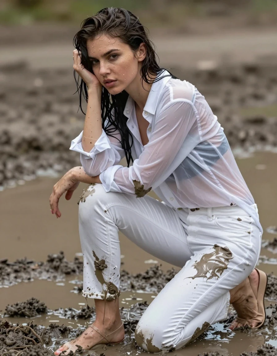 photo of young woman, in soaking wet, drenched clothes,
pumps, muddy dark white slim floor-length silk jeans, see-through, muddy dark white oversized long blouse, see-through, mud pool, 
enjoying, wet clothes stuck to body,
detailed textures of the wet clothes, wet face, wet plastered hair,
wet, drenched, professional, high-quality details, full body view.
sharp focus, ultra-high pixel detail, realistic, high-quality, full colors, incredibly detailed, 4k, 8k, 16k, hyper-realistic, RAW photo, masterpiece, ultra-detailed, professionally color graded, professional photograph, collar, long sleeves, buttoned,muddy wet hair, long hair, muddy clothes,  full body view, see-through, side view, muddy clothes, wet skin, wet clothes, damp fabric