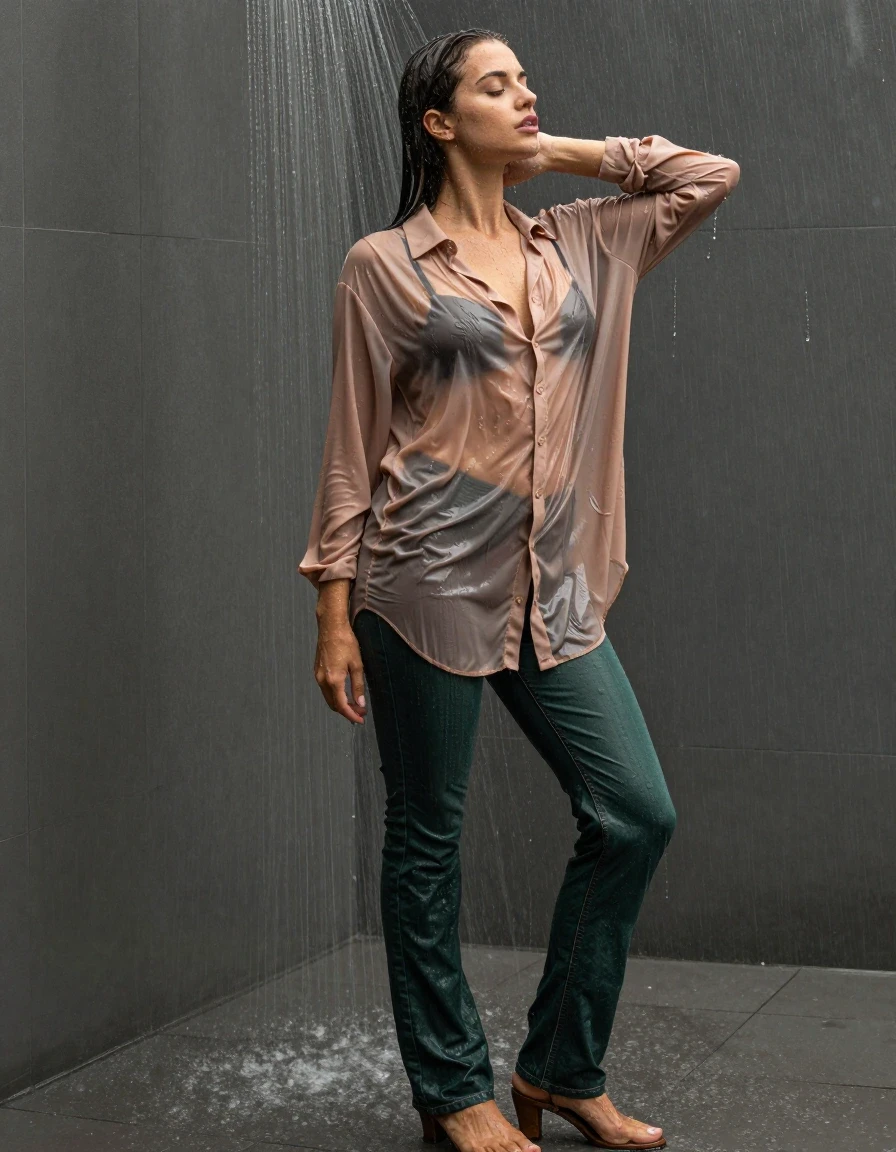 photo of young woman, in soaking wet, drenched clothes,
pumps, dark green oversized floor-length jeans, see-through, light brown oversized floor-length blouse, see-through, standing in shower, rain, 
enjoying, wet clothes stuck to body,
detailed textures of the wet clothes, wet face, wet plastered hair,
wet, drenched, professional, high-quality details, full body view.
sharp focus, ultra-high pixel detail, realistic, high-quality, full colors, incredibly detailed, 4k, 8k, 16k, hyper-realistic, RAW photo, masterpiece, ultra-detailed, professionally color graded, professional photograph, collar, long sleeves, buttoned, wet clinging hair, long hair, drenched, dripping wet, submerged, full body view, see-through, side view, wet skin, wet clothes, damp fabric
