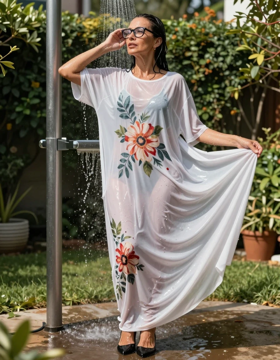 photo of young woman, in soaking wet, drenched clothes,
high black shoes, maxi white floral t-shirt dress, maxi white floral t-shirt dress, after shower, in sunny garden, enjoying wet clothes stuck body, enjoying, wet clothes stuck to body, 
enjoying, wet clothes stuck to body,
detailed textures of the wet clothes, wet face, wet plastered hair,
wet, drenched, professional, high-quality details, full body view.
sharp focus, ultra-high pixel detail, realistic, high-quality, full colors, incredibly detailed, 4k, 8k, 16k, hyper-realistic, RAW photo, masterpiece, ultra-detailed, professionally color graded, professional photograph, europen brunette skinny woman 50 years old, long dark black hair, office glasses, very big and thick lips, complete body, wet skin, wet clothes, damp fabric, wet skin, wet clothes, damp fabric, wet skin, wet clothes, damp fabric, wet skin, wet clothes, damp fabric, wet skin, wet clothes, damp fabric, wet skin, wet clothes, damp fabric, wet skin, wet clothes, damp fabric