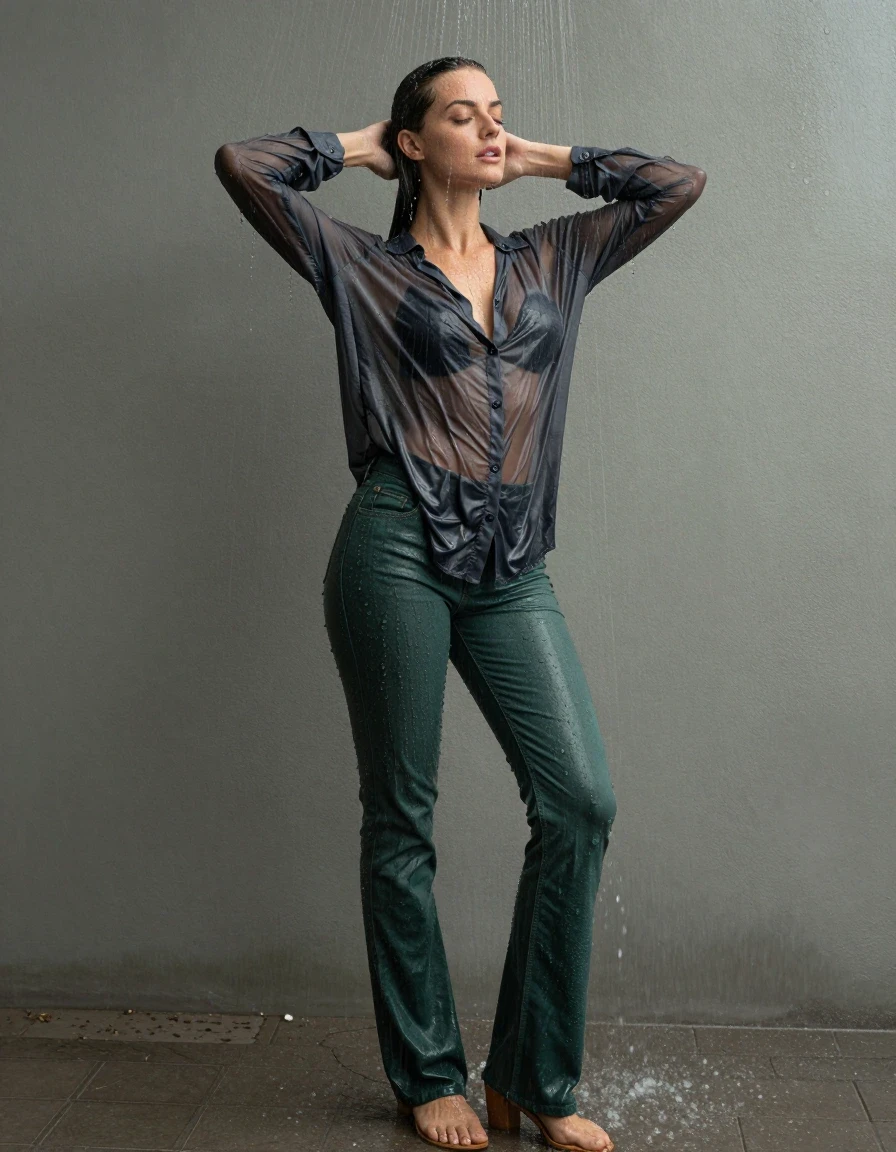 photo of young woman, in soaking wet, drenched clothes,
pumps, dark green oversized floor-length jeans, see-through, dark grey oversized floor-length blouse, see-through, standing in shower, rain, 
enjoying, wet clothes stuck to body,
detailed textures of the wet clothes, wet face, wet plastered hair,
wet, drenched, professional, high-quality details, full body view.
sharp focus, ultra-high pixel detail, realistic, high-quality, full colors, incredibly detailed, 4k, 8k, 16k, hyper-realistic, RAW photo, masterpiece, ultra-detailed, professionally color graded, professional photograph, collar, long sleeves, buttoned, wet clinging hair, long hair, drenched, dripping wet, submerged, full body view, see-through, side view, wet skin, wet clothes, damp fabric