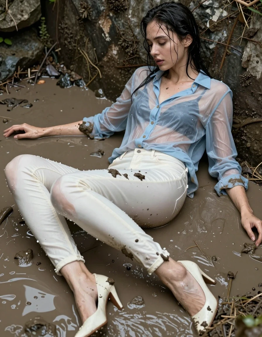 photo of young woman, in soaking wet, drenched clothes,
pumps, muddy white slim floor-length silk jeans, see-through, muddy light blue oversized long blouse, see-through, mud shower, 
enjoying, wet clothes stuck to body,
detailed textures of the wet clothes, wet face, wet plastered hair,
wet, drenched, professional, high-quality details, full body view.
sharp focus, ultra-high pixel detail, realistic, high-quality, full colors, incredibly detailed, 4k, 8k, 16k, hyper-realistic, RAW photo, masterpiece, ultra-detailed, professionally color graded, professional photograph, lying in muddy pool, collar, long sleeves, buttoned, muddy wet hair, long hair, muddy clothes,  full body view, see-through, side view, muddy clothes, drenched clothes, shower, wet skin, wet clothes, damp fabric
