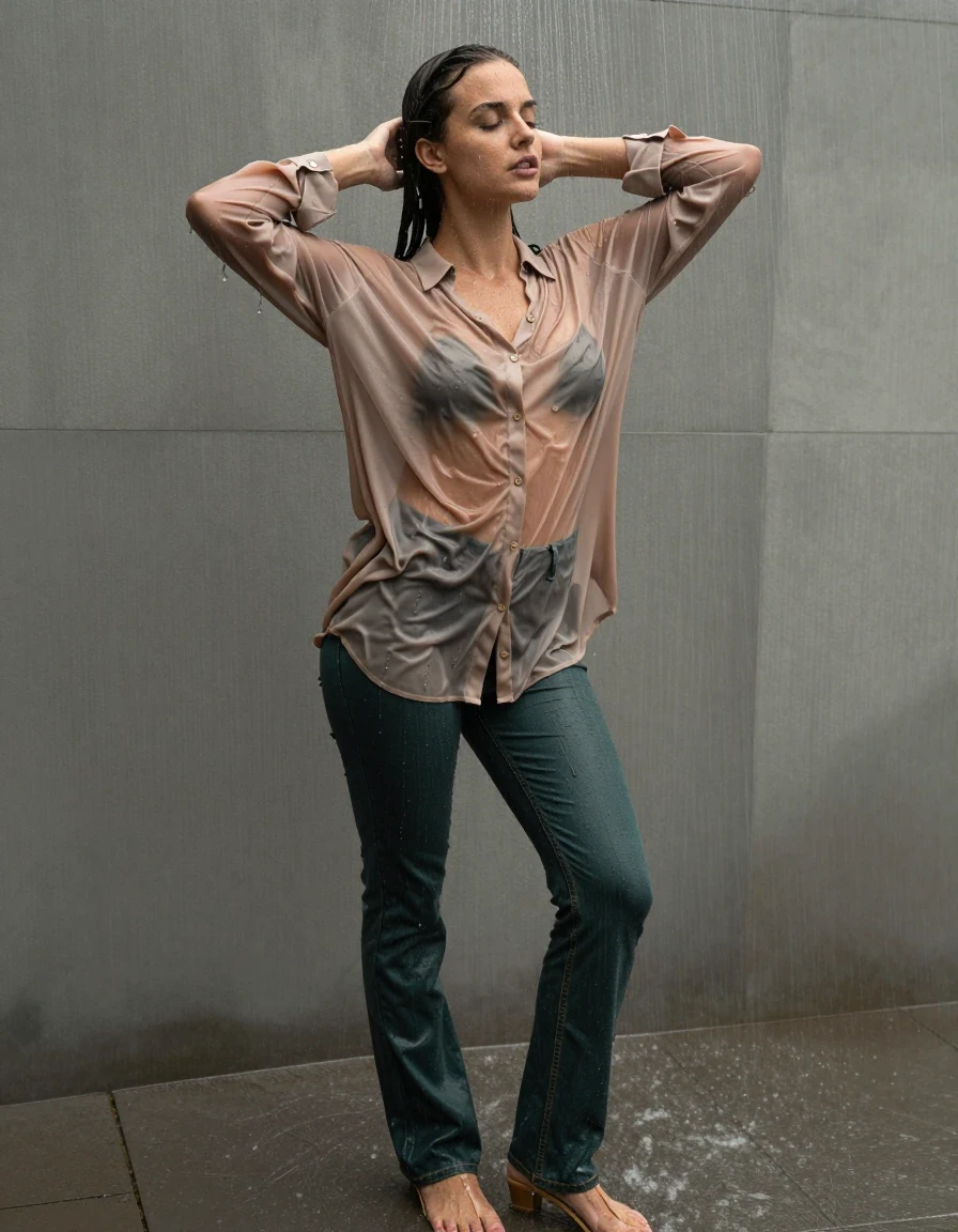 photo of young woman, in soaking wet, drenched clothes,
pumps, dark green oversized floor-length jeans, see-through, light brown oversized floor-length blouse, see-through, standing in shower, rain, 
enjoying, wet clothes stuck to body,
detailed textures of the wet clothes, wet face, wet plastered hair,
wet, drenched, professional, high-quality details, full body view.
sharp focus, ultra-high pixel detail, realistic, high-quality, full colors, incredibly detailed, 4k, 8k, 16k, hyper-realistic, RAW photo, masterpiece, ultra-detailed, professionally color graded, professional photograph, collar, long sleeves, buttoned, wet clinging hair, long hair, drenched, dripping wet, submerged, full body view, see-through, side view, wet skin, wet clothes, damp fabric