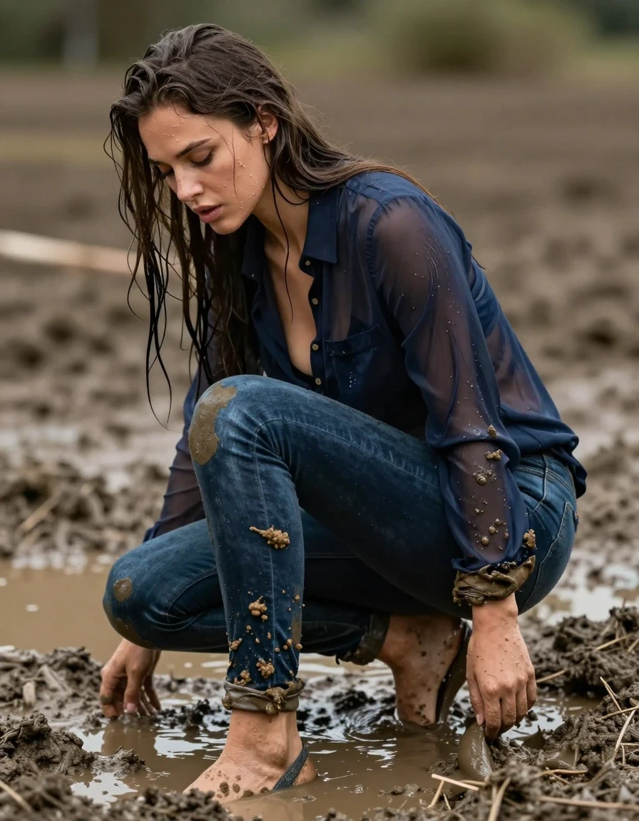 photo of young woman, in soaking wet, drenched clothes,
pumps, muddy dark blue slim floor-length silk jeans, see-through, muddy dark blue oversized long blouse, see-through, mud pool, 
enjoying, wet clothes stuck to body,
detailed textures of the wet clothes, wet face, wet plastered hair,
wet, drenched, professional, high-quality details, full body view.
sharp focus, ultra-high pixel detail, realistic, high-quality, full colors, incredibly detailed, 4k, 8k, 16k, hyper-realistic, RAW photo, masterpiece, ultra-detailed, professionally color graded, professional photograph, collar, long sleeves, buttoned,muddy wet hair, long hair, muddy clothes,  full body view, see-through, side view, muddy clothes, wet skin, wet clothes, damp fabric