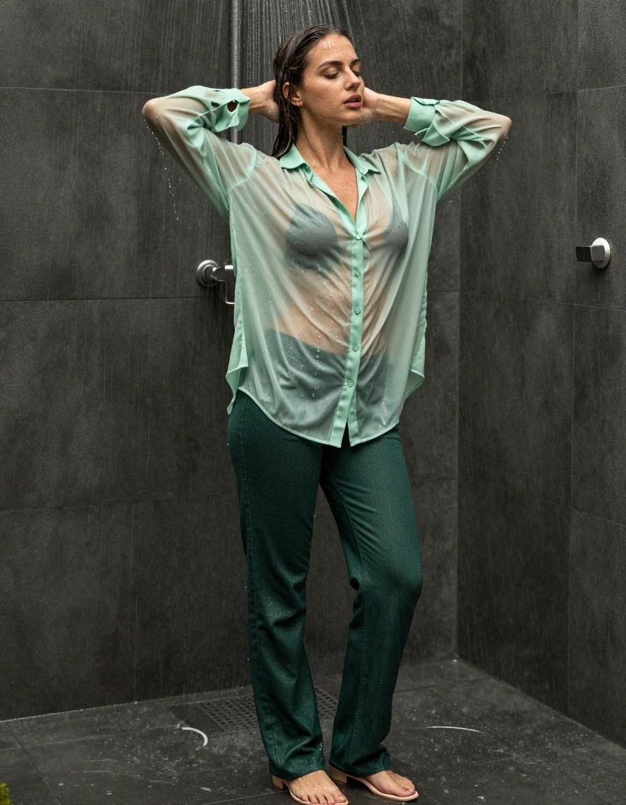 photo of young woman, in soaking wet, drenched clothes,
pumps, dark green oversized floor-length jeans, see-through, light green oversized floor-length blouse, see-through, standing in shower, rain, 
enjoying, wet clothes stuck to body,
detailed textures of the wet clothes, wet face, wet plastered hair,
wet, drenched, professional, high-quality details, full body view.
sharp focus, ultra-high pixel detail, realistic, high-quality, full colors, incredibly detailed, 4k, 8k, 16k, hyper-realistic, RAW photo, masterpiece, ultra-detailed, professionally color graded, professional photograph, collar, long sleeves, buttoned, wet clinging hair, long hair, drenched, dripping wet, submerged, full body view, see-through, side view, wet skin, wet clothes, damp fabric
