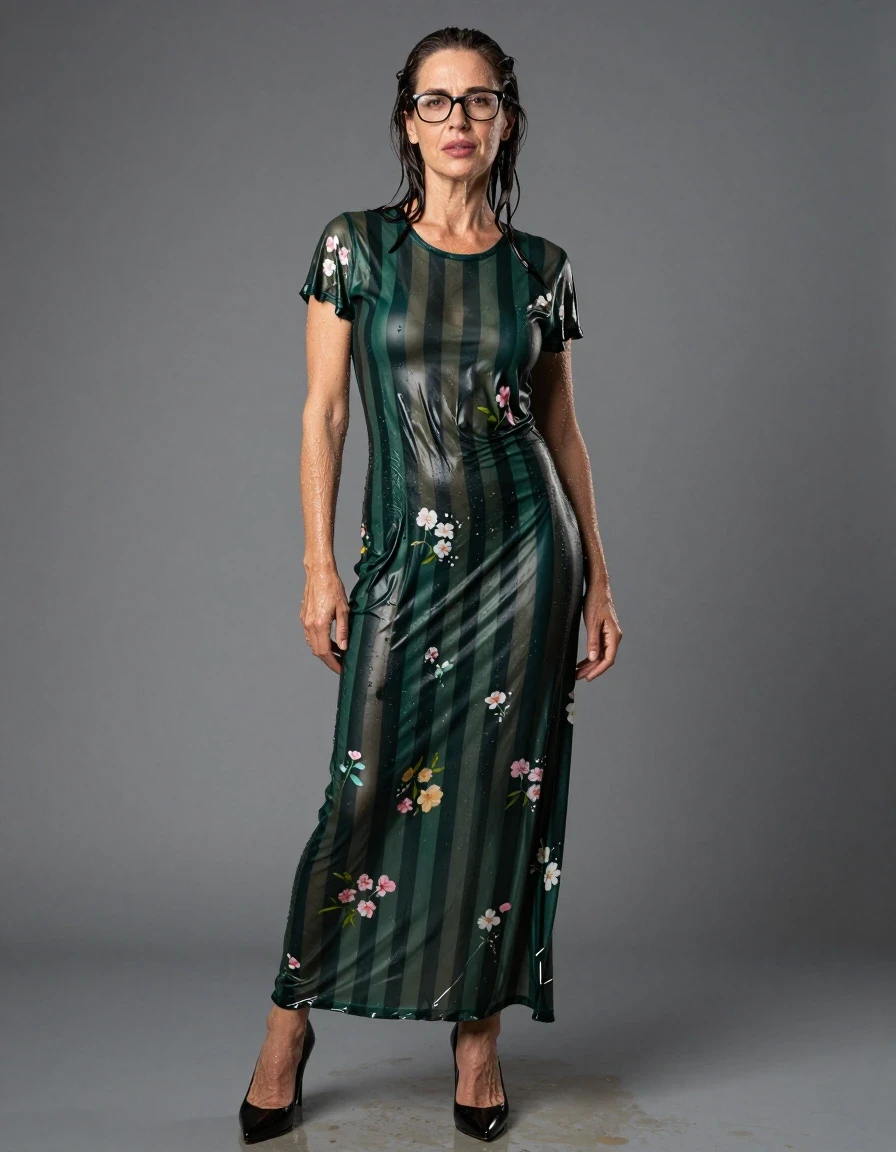 photo of young woman, in soaking wet, drenched clothes,
high black shoes, maxi dark green striped floral t-shirt dress, maxi dark green striped floral t-shirt dress, after shower, enjoying wet clothes stuck body, enjoying, wet clothes stuck to body, 
enjoying, wet clothes stuck to body,
detailed textures of the wet clothes, wet face, wet plastered hair,
wet, drenched, professional, high-quality details, full body view.
sharp focus, ultra-high pixel detail, realistic, high-quality, full colors, incredibly detailed, 4k, 8k, 16k, hyper-realistic, RAW photo, masterpiece, ultra-detailed, professionally color graded, professional photograph, europen brunette skinny woman 50 years old, long dark black hair, office glasses, very big and thick lips, complete body, wet skin, wet clothes, damp fabric, wet skin, wet clothes, damp fabric, wet skin, wet clothes, damp fabric, wet skin, wet clothes, damp fabric, wet skin, wet clothes, damp fabric, wet skin, wet clothes, damp fabric, wet skin, wet clothes, damp fabric