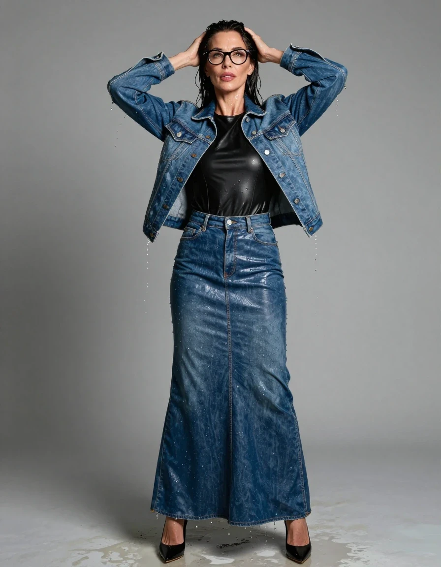 photo of young woman, in soaking wet, drenched clothes,
high heels black shoes, maxi blue flared leather denim skirt, long black tight leather t-shirt, maxi blue shiny denim jacket, after shower, enjoying wet clothes stuck body, enjoying, wet clothes stuck to body, 
enjoying, wet clothes stuck to body,
detailed textures of the wet clothes, wet face, wet plastered hair,
wet, drenched, professional, high-quality details, full body view.
sharp focus, ultra-high pixel detail, realistic, high-quality, full colors, incredibly detailed, 4k, 8k, 16k, hyper-realistic, RAW photo, masterpiece, ultra-detailed, professionally color graded, professional photograph, europen brunette skinny woman 50 years old, long dark black hair, office glasses, very big and thick lips, complete body, wet skin, wet clothes, damp fabric, wet skin, wet clothes, damp fabric, wet skin, wet clothes, damp fabric, wet skin, wet clothes, damp fabric, wet skin, wet clothes, damp fabric, wet skin, wet clothes, damp fabric, wet skin, wet clothes, damp fabric