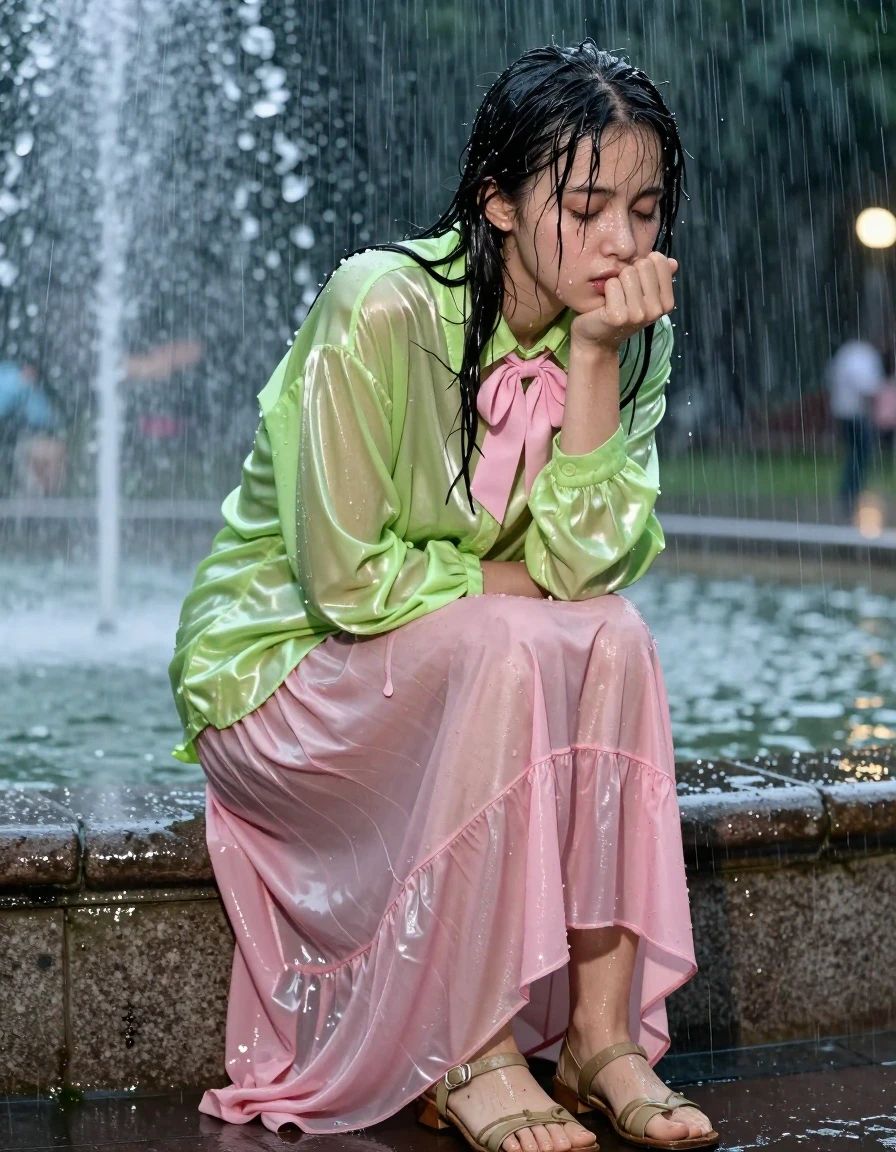 photo of young woman, in soaking wet, drenched clothes,
ruined sandals, pink silk floor length skirt, multiple petticoats, vivid light green satin long sleeved oversized shirt, pink bowtie, in a fountain at night in torrential rain, 
enjoying, wet clothes stuck to body,
detailed textures of the wet clothes, wet face, wet plastered hair,
wet, drenched, professional, high-quality details, full body view.
sharp focus, ultra-high pixel detail, realistic, high-quality, full colors, incredibly detailed, 4k, 8k, 16k, hyper-realistic, RAW photo, masterpiece, ultra-detailed, professionally color graded, professional photograph, nerdy, exhausted, disheveled, enjoys the rain, wet skin, wet clothes, damp fabric, wet skin, wet clothes, damp fabric