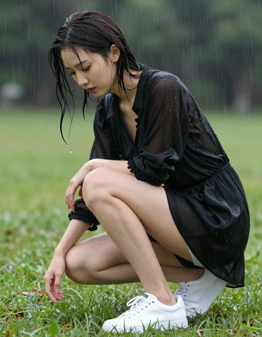 photo of young woman, in soaking wet, drenched clothes,
weiße sneakers, schwarzer kurzer Plisseerock aus Chiffon, weißer Slip,, schwarze chiffonbluse mit Spitze, grüne Wiese im Regen, 
enjoying, wet clothes stuck to body,
detailed textures of the wet clothes, wet face, wet plastered hair,
wet, drenched, professional, high-quality details, full body view.
sharp focus, ultra-high pixel detail, realistic, high-quality, full colors, incredibly detailed, 4k, 8k, 16k, hyper-realistic, RAW photo, masterpiece, ultra-detailed, professionally color graded, professional photograph, wet skin, wet clothes, damp fabric