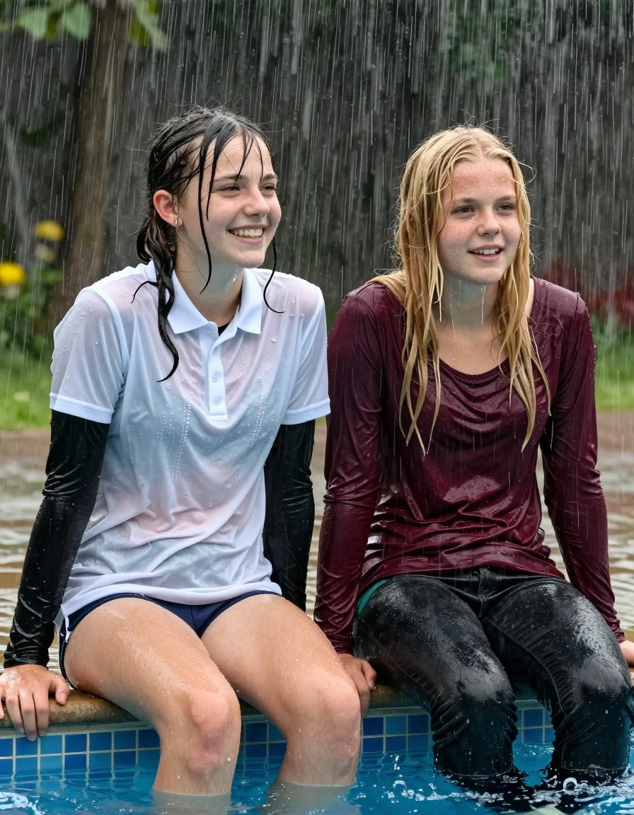 photo of young woman, in soaking wet, drenched clothes,
, , casual wear, 2 girls sitting on the edge of the pool while it pours water on them during a heavy storm, 
enjoying, wet clothes stuck to body,
detailed textures of the wet clothes, wet face, wet plastered hair,
wet, drenched, professional, high-quality details, full body view.
sharp focus, ultra-high pixel detail, realistic, high-quality, full colors, incredibly detailed, 4k, 8k, 16k, hyper-realistic, RAW photo, masterpiece, ultra-detailed, professionally color graded, professional photograph, 2 small college girls both having fun together. both similar age, a small nineteen year old girl, she is small, young, petite, with a flat and slim body, a She has a wide square young face a very small chest, she is a pale brunette with a ponytail and bangs and a septum piercing, She is full of youthful energy, she is wearing a drenched thick white polo that clings to her body over a black long sleeve undershirt, and panties, her friend is slightly shorter, she has blonde hair, she is wearing dark colored soaked loose jeans and a long sleeve maroon top. her clothes darken from the water. She has a wide square face,, wet skin, wet clothes, damp fabric