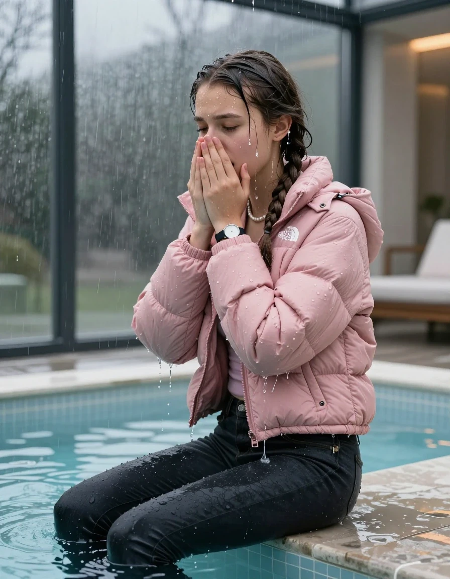 photo of young woman, in soaking wet, drenched clothes,
, Dark skinny jeans, Pink north face puffer down jacket, Open jacket, tight v-neck sweater, shoulderbag, pearl necklace, bracelet, wristwatch, Steaming indoor jacuzzi , 
enjoying, wet clothes stuck to body,
detailed textures of the wet clothes, wet face, wet plastered hair,
wet, drenched, professional, high-quality details, full body view.
sharp focus, ultra-high pixel detail, realistic, high-quality, full colors, incredibly detailed, 4k, 8k, 16k, hyper-realistic, RAW photo, masterpiece, ultra-detailed, professionally color graded, professional photograph, A realistic vertical fashion photograph taken from a backward, behind-the-back angle of a 15-year-old teenage girl sitting  in a glass-walled outdoor swimming pool, facing to the camera to show her back. She is tilting her head at camera, letting the water drench her hair so it is glued flat against her head and body. She has two long braids , completely saturated and dripping wet hair, with water cascading down her face and neck. Afraid and astonished expression. cover her nose with her hands. open mouth, closed eyes. The lighting is bright and cinematic, highlighting the glistening water droplets on her skin and the saturated texture of her  casual clothes. Outside the large glass wall of the pool building, heavy rain is visible falling against the window. Soft, moody indoor lighting with reflections on the water. High-quality fashion photography style.
her clothing is soaking wet and clinging tightly to her skin, showing heavy wet folds, darkened fabric texture, and deep water-saturated Patches, her clothes are heavy from the water, water runs from her body and her clothes in streams. A lot of water also runs out of her clothes. Her clothes are darkened by the water. 
hyper-realistic wetness, high-contrast water sheen, sharp focus, 16k resolution, professional photography, realistic water physics., wet skin, wet clothes, damp fabric, wet skin, wet clothes, damp fabric, wet skin, wet clothes, damp fabric, wet skin, wet clothes, damp fabric, wet skin, wet clothes, damp fabric, wet skin, wet clothes, damp fabric, wet skin, wet clothes, damp fabric, wet skin, wet clothes, damp fabric, wet skin, wet clothes, damp fabric, wet skin, wet clothes, damp fabric, wet skin, wet clothes, damp fabric, wet skin, wet clothes, damp fabric, wet skin, wet clothes, damp fabric, wet skin, wet clothes, damp fabric, wet skin, wet clothes, damp fabric