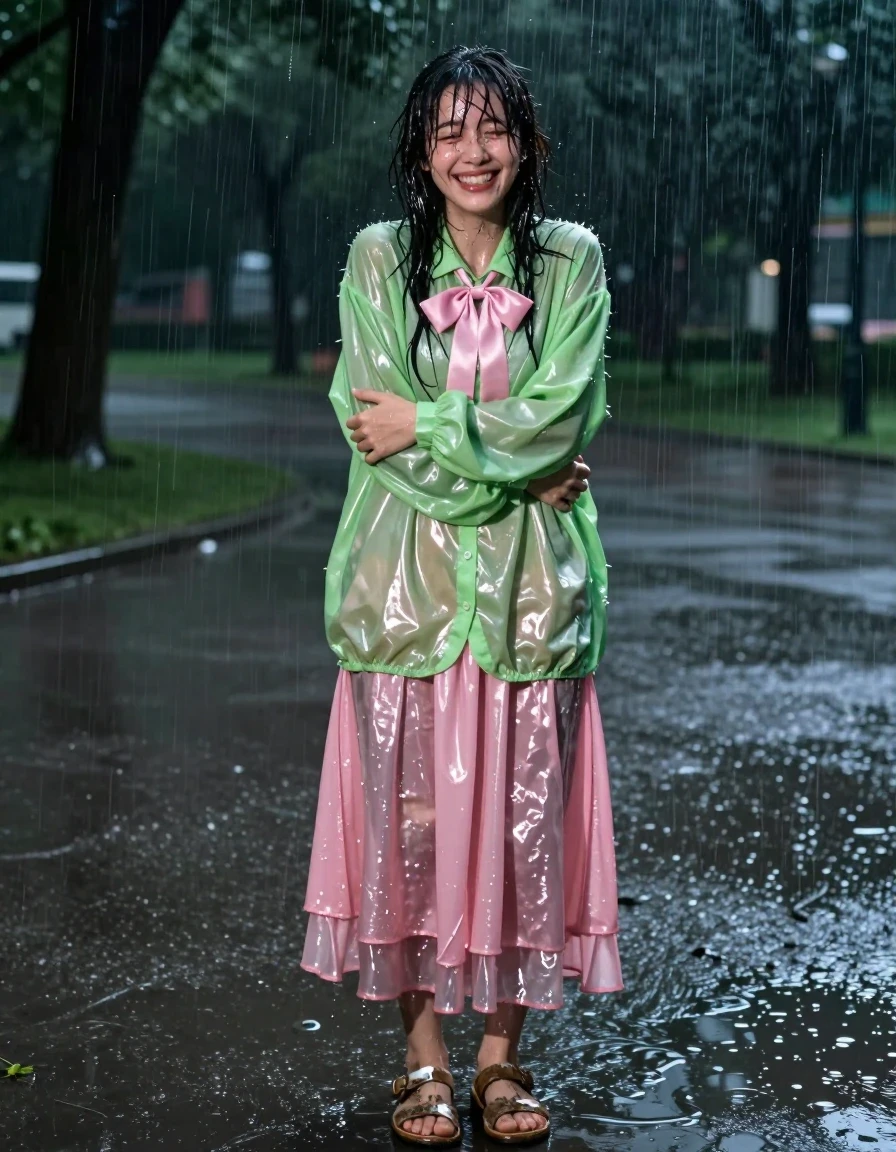 A photorealistic medium shot of a nerdy young adult European woman standing in a huge, empty park at night during a torrential downpour. She has a disheveled appearance with wet, rain-slicked hair and exhausted features, yet she wears an expression of pure joy as she embraces the rain. She is wearing an oversized, vivid light green satin long-sleeved shirt with a pink bowtie, and a pink silk floor-length skirt layered over multiple petticoats. The fabric of the shirt and skirt is thoroughly soaked, clinging to her body, with the silk appearing darker, translucent in areas, and heavy with water, showing realistic folds and a subtle, glistening sheen. She is wearing ruined, mud-caked sandals on her feet. Her skin is glistening with rain droplets and water sheens. The setting is a dark, moody park at night with a massive puddle reflecting the dim ambient light, heavy rain streaks visible throughout the air, cinematic lighting, high contrast, 8k resolution, sharp focus on the textures of the wet fabric and skin.