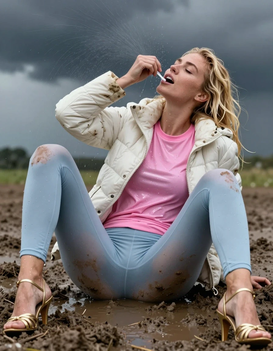 photo of young woman, in soaking wet, drenched clothes,
Strappy gold stilettos, Dirty pale blue leggings , Very dirty white puffer jacket , shiny pink t-shirt , Lying back in deep mud, legs apart, pissing, 
enjoying, wet clothes stuck to body,
detailed textures of the wet clothes, wet face, wet plastered hair,
wet, drenched, professional, high-quality details, full body view.
sharp focus, ultra-high pixel detail, realistic, high-quality, full colors, incredibly detailed, 4k, 8k, 16k, hyper-realistic, RAW photo, masterpiece, ultra-detailed, professionally color graded, professional photograph, Blonde, in thunder storm, wet skin, wet clothes, wet skin, wet clothes, damp fabric